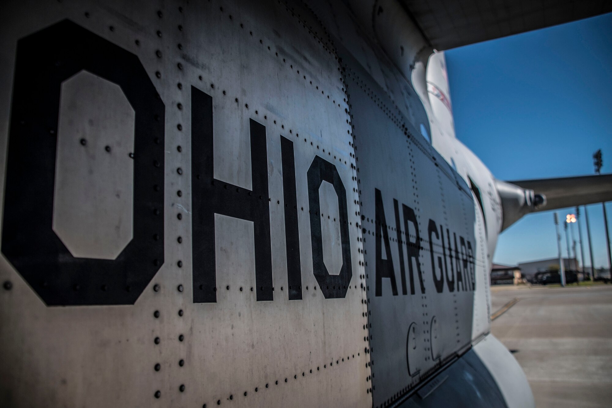 A C-130H Hercules is photographed April 10, 2019, at Pope Army Airfield, Fayetteville, North Carolina. Members from the 164th Airlift Squadron participated in training air drops to include personnel drops with the 82nd Airborne Division. (U.S. Air National Guard Photo by Airman 1st Class Alexis Wade)
