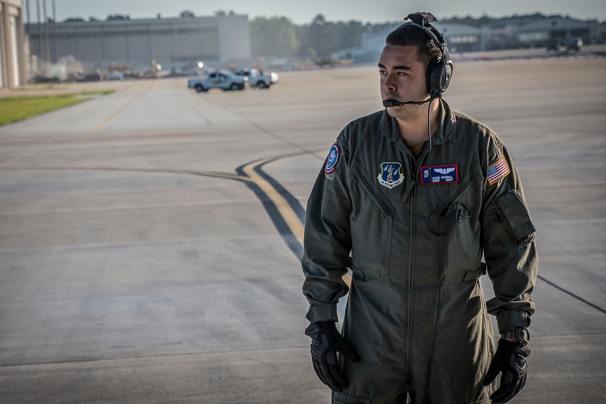 Staff Sgt. Zack Caudill, loadmaster with the 164th Airlift Squadron, conducts pre-flight inspections April 11, 2019, at Pope Army Airfield, Fayetteville, North Carolina. Members from 164th Airlift Squadron participated in training air drops to include personnel drops with the 82nd Airborne Division. (U.S. Air National Guard Photo by Airman 1st Class Alexis Wade)