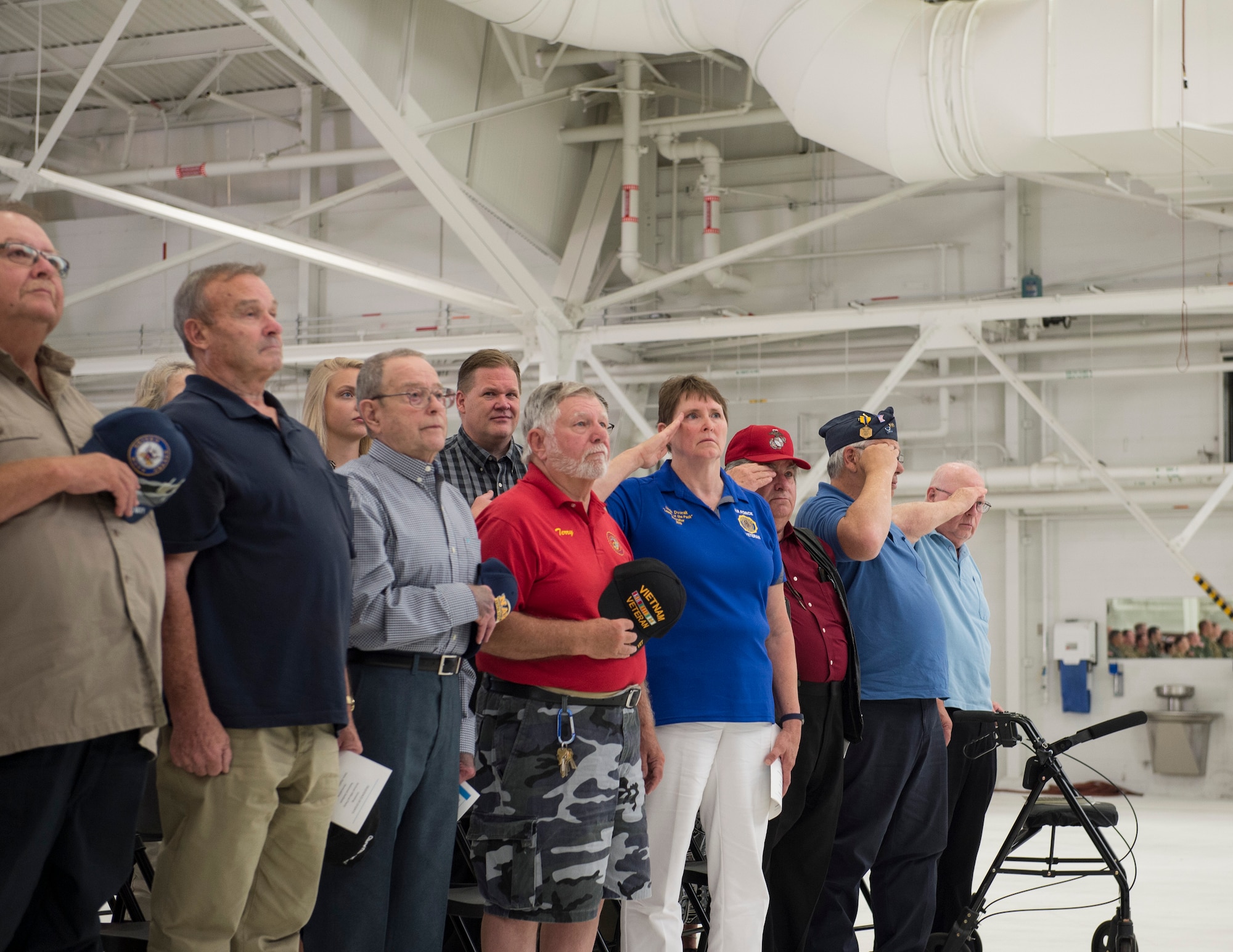 Vietnam War veterans render a hand salute at the 133rd Airlift Wing’s change of command ceremony in St. Paul, Minn., Aug. 16, 2019.