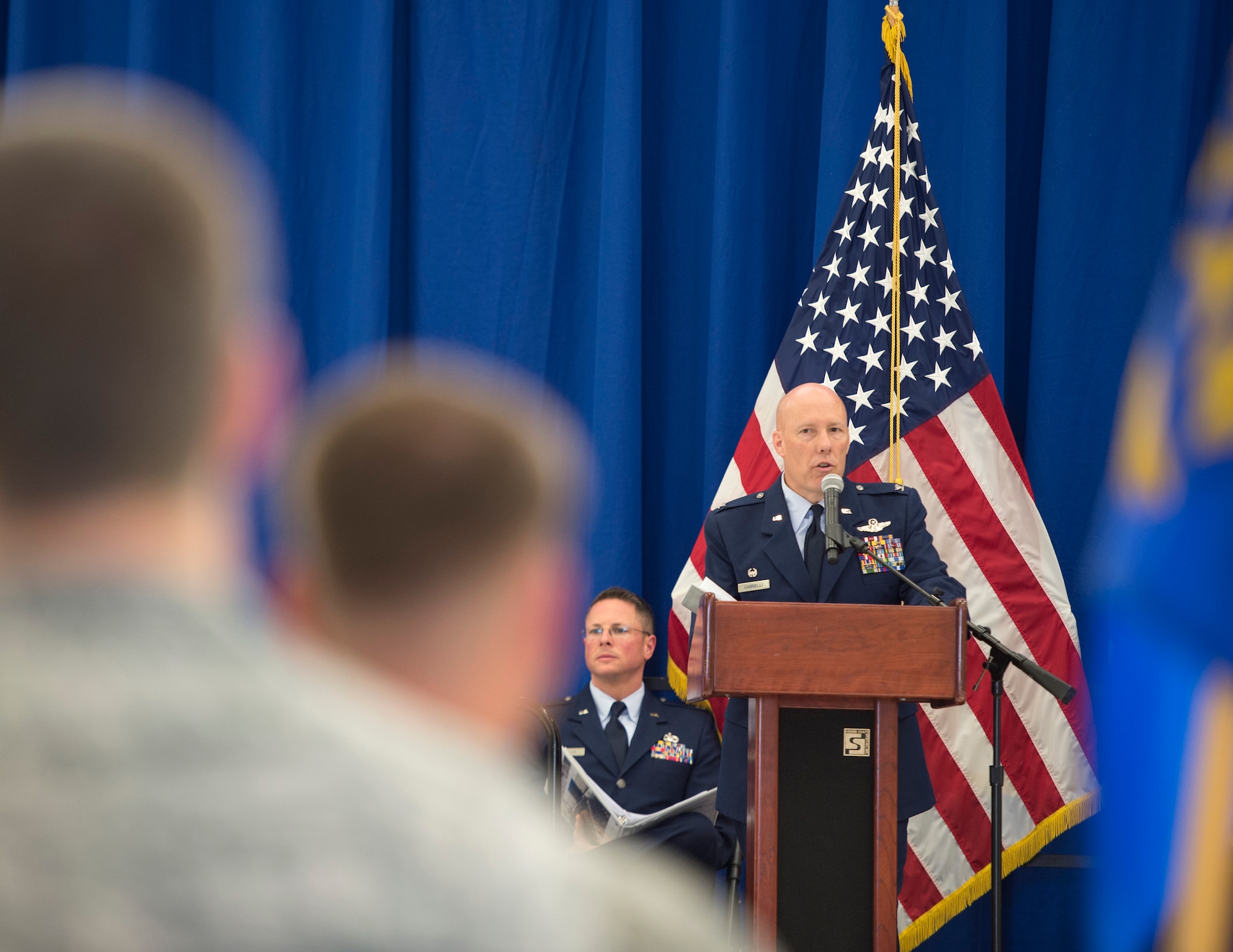 U.S. Air Force Col. Daniel Gabrielli, 133rd Airlift Wing commander, speaks to Airmen, family, and friends before relinquishing command in St. Paul, Minn., Aug., 16, 2019.