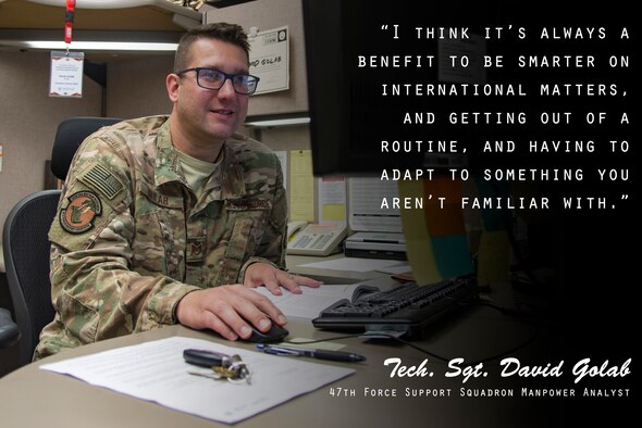 Tech. Sgt. David Golab, 47th Force Support Squadron manpower analyst, discusses his time overseas in this week’s Airman’s Spotlight, August 22, 2019. As part of the Language Enabled Airman Program, or LEAP, Golab recently took a temporary duty to Poland to learn about foreign relations and how to effectively communicate with international partners. (U.S. Air Force graphic by Senior Airman Daniel Hambor)