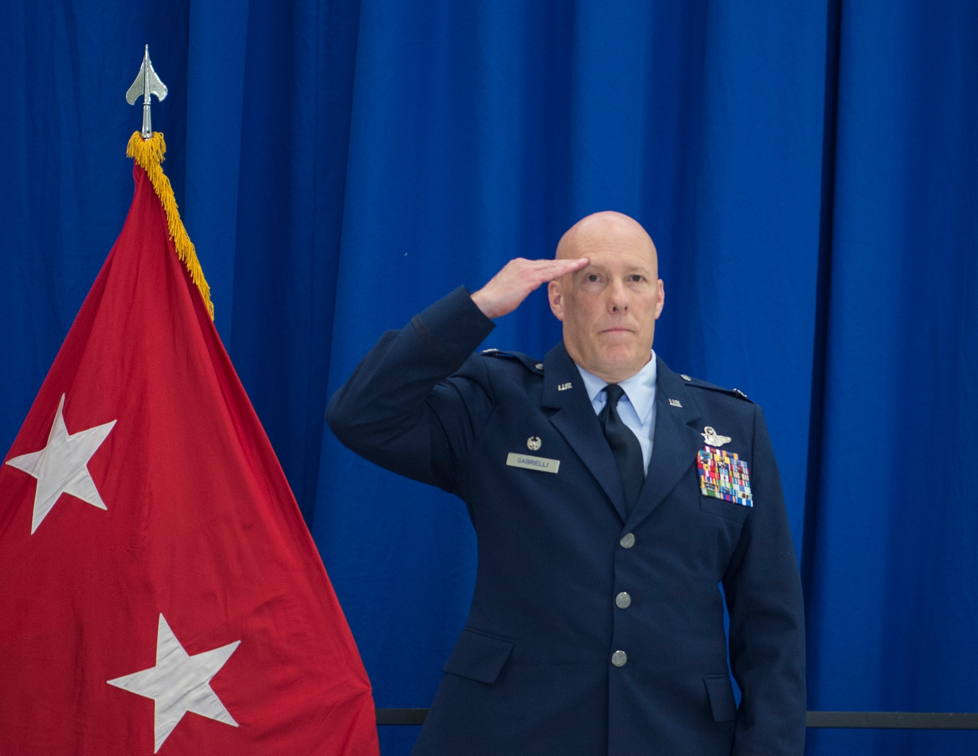 U.S. Air Force Col. Daniel Gabrielli, 133rd Airlift Wing commander, renders a hand salute before relinquishing command in St. Paul, Minn., Aug., 16, 2019.