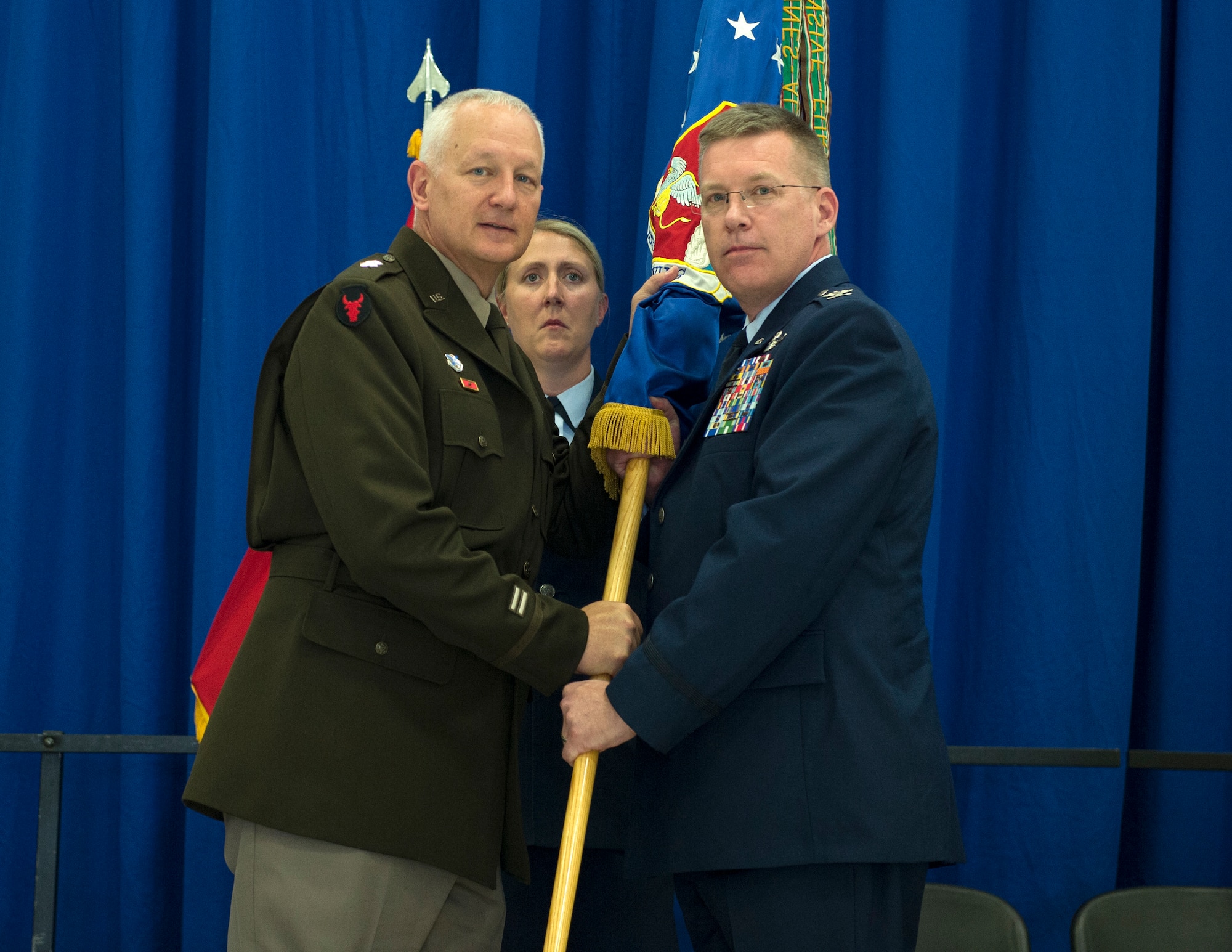 U.S. Air Force Col. James Cleet receives command of the 133rd Airlift Wing from U.S. Army Maj. Gen. Jon Jensen, Adjutant General, Minnesota National Guard, in St. Paul, Minn., Aug., 16, 2019.