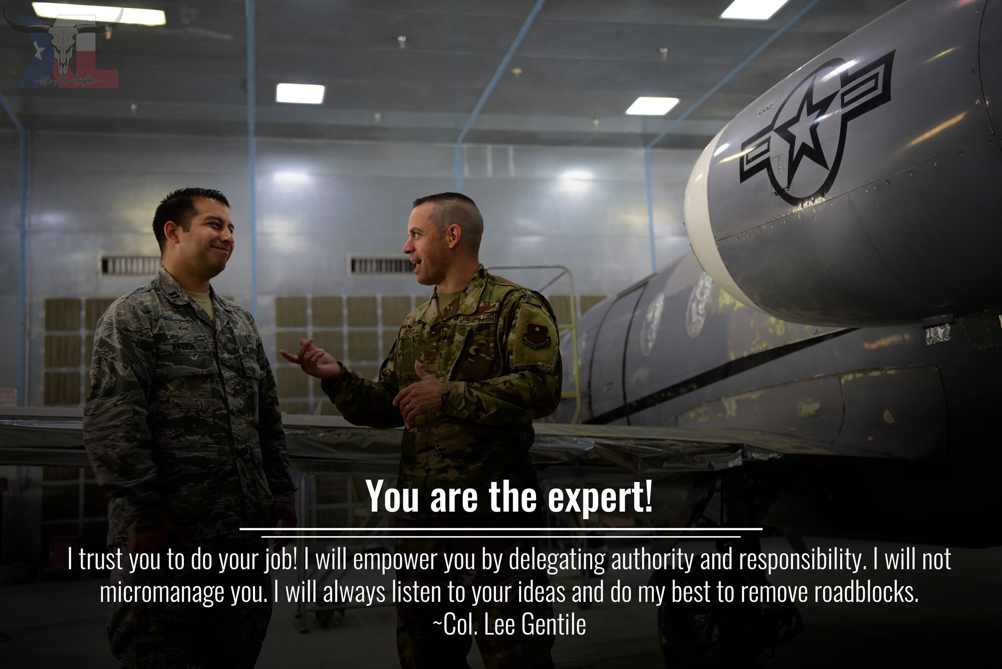 Col. Lee Gentile, 47th Flying Training Wing commander, will share his 12 expectations over the course of the next few months in a series of graphics. This week, Gentile talks about how he empowers the hard workers of Team XL by supporting and entrusting Airmen to excel in their respective jobs. (U.S. Air Force graphic by Airman 1st Class Marco A. Gomez)
