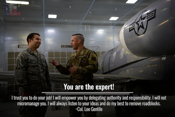 Col. Lee Gentile, 47th Flying Training Wing commander, will share his 12 expectations over the course of the next few months in a series of graphics. This week, Gentile talks about how he empowers the hard workers of Team XL by supporting and entrusting Airmen to excel in their respective jobs. (U.S. Air Force graphic by Airman 1st Class Marco A. Gomez)