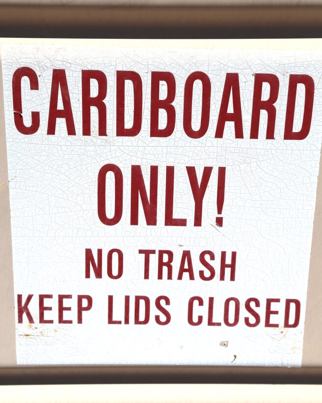 Label for cardboard only is posted on every dumpster aboard Marine Corps Logistics Base Barstow, Calif., Aug. 20