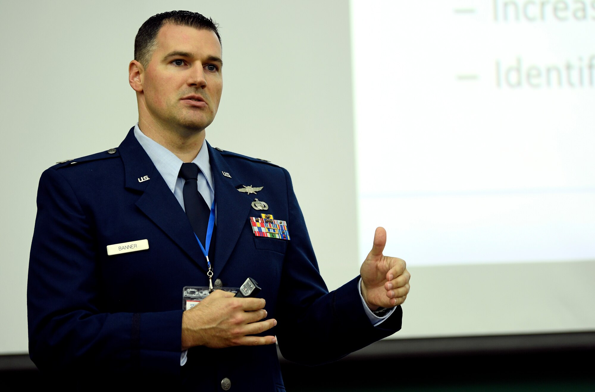 Capt. Jeffery Banner, 836th Cyberspace Operations Squadron Weapons, Tactics and Training chief, discusses cyber defense at the ninth annual CyberTexas Conference in San Antonio, Aug. 20, 2019. Banner explained how military partnerships with foreign countries and industry leaders can advance cybersecurity operations. (U.S. Air Force photo by Tech. Sgt. R.J. Biermann)