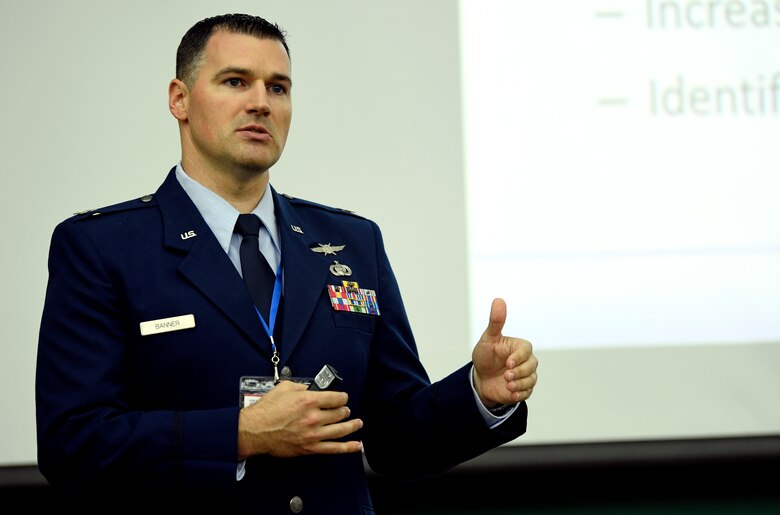 Capt. Jeffery Banner, 836th Cyberspace Operations Squadron Weapons, Tactics and Training chief, discusses cyber defense at the ninth annual CyberTexas Conference in San Antonio, Aug. 20, 2019. Banner explained how military partnerships with foreign countries and industry leaders can advance cybersecurity operations. (U.S. Air Force photo by Tech. Sgt. R.J. Biermann)