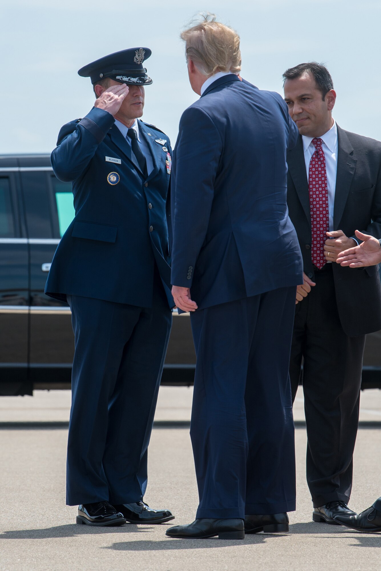 President Donald Trump greets Brig. Gen. Jeffrey Wilkinson, Kentucky’s assistant adjutant general for Air, at the Kentucky Air National Guard Base in Louisville, Ky., Aug. 21, 2019. Trump was in town to speak at an AMVETS convention and attend a fundraiser for Kentucky Gov. Matt Bevin’s re-election campaign. (U.S. Air National Guard photo by Staff Sgt. Joshua Horton)