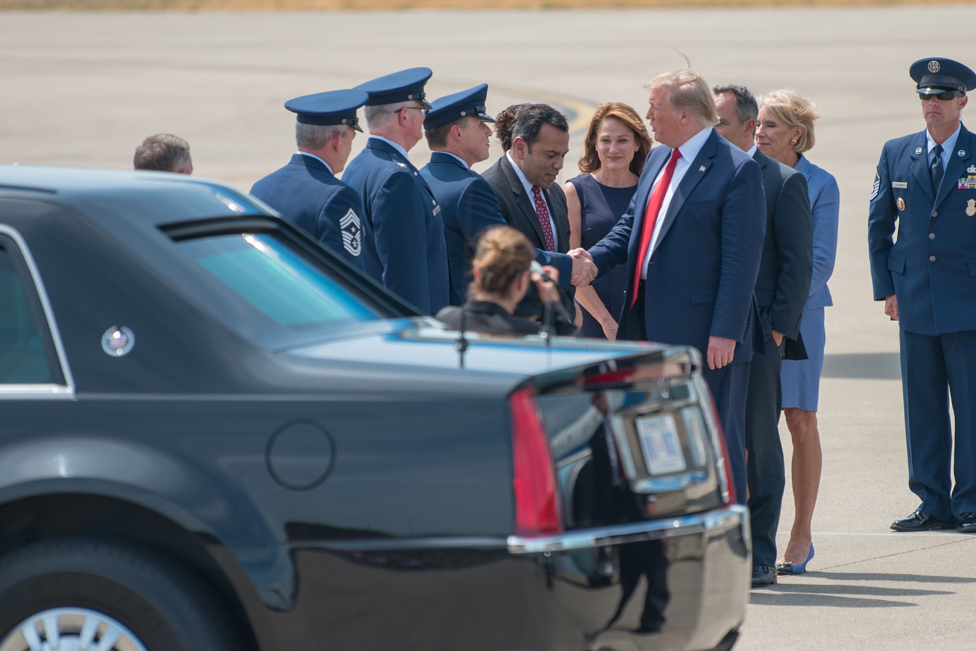 President Donald Trump greets leadership from the Kentucky Air National Guard as he arrives at the 123rd Airlift Wing in Louisville, Ky., Aug. 21, 2019. Trump was in town to speak at an AMVETS convention and attend a fundraiser for Kentucky Gov. Matt Bevin’s re-election campaign. (U.S. Air National Guard photo by Phil Speck)