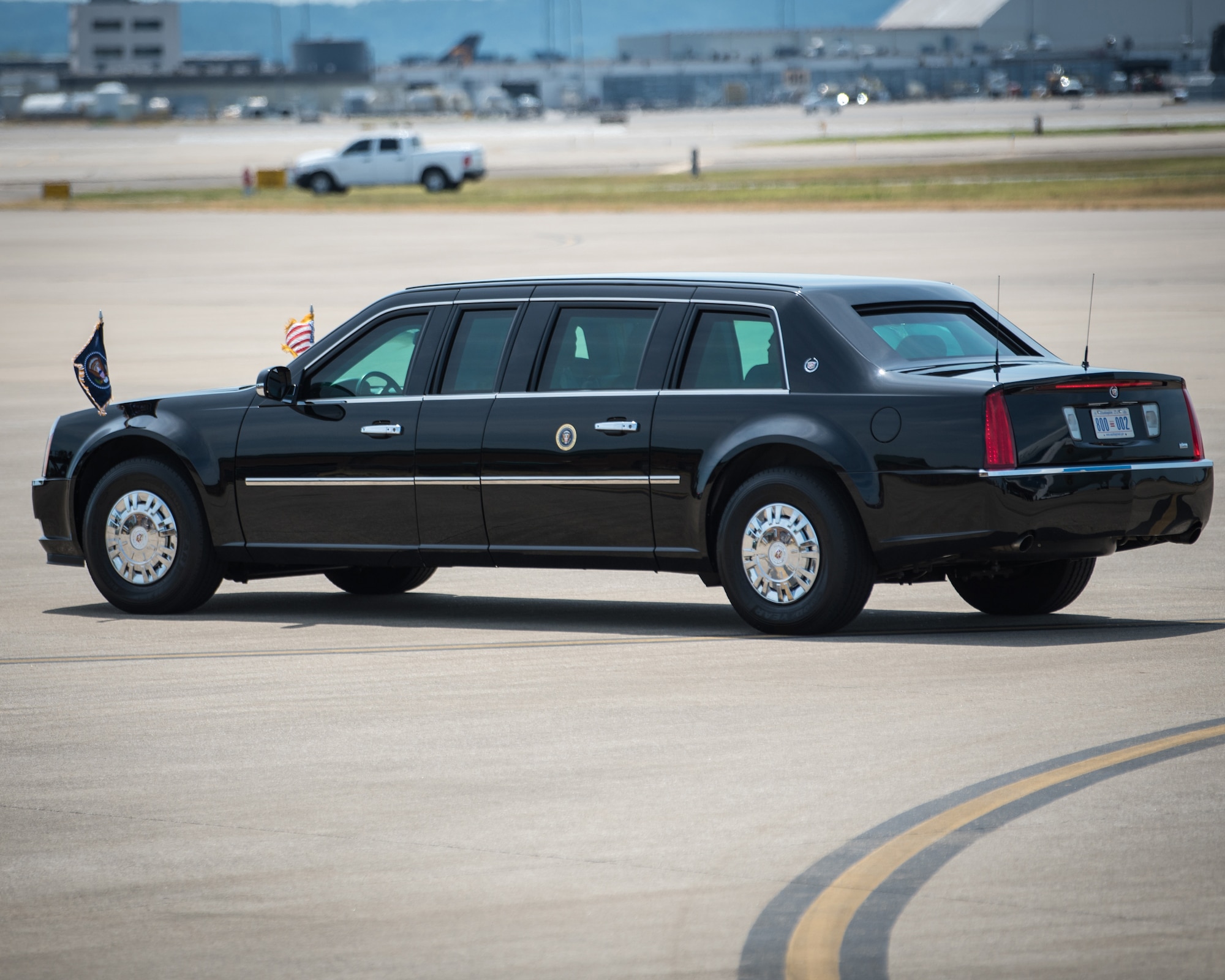 President Donald Trump departs the flight line of the Kentucky Air National Guard Base in Louisville, Ky., Aug. 21, 2019. Trump was in town to speak at an AMVETS conference and attend a fundraiser for Kentucky Gov. Matt Bevin's re-election campaign. (U.S. Air National Guard photo by Airman 1st Class Chloe Ochs)