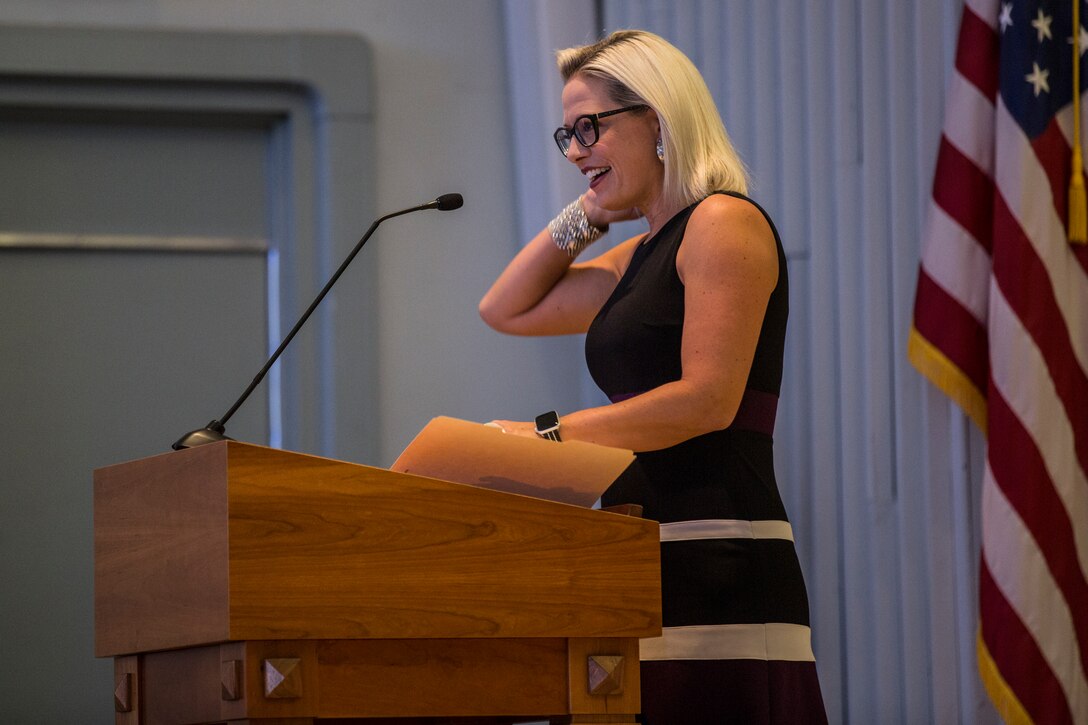 U.S. Senator from Arizona, Kyrsten Sinema, visits Marine Corps Air Station (MCAS) Yuma, Ariz., August 21, 2019. Sen. Sinema met with the MCAS Yuma Commanding Officer, Col. David A. Suggs, and Sergeant Major, Sgt. Maj. David M. Leikwold, and the I Marine Expeditionary Force (MEF) Sgt. Maj., Sgt. Maj. James K. Porterfield. Sen. Sinema toured MCAS Yuma and spoke at a town hall meeting hosted by the air station at the station chapel. The town hall gave service members and civilians who work on the installation an opportunity to discuss topics that are important to them. (U.S. Marine Corps photo by Cpl. Sabrina Candiaflores)