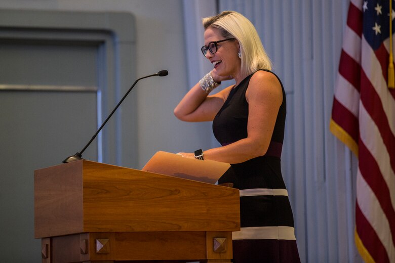 U.S. Senator from Arizona, Kyrsten Sinema, visits Marine Corps Air Station (MCAS) Yuma, Ariz., August 21, 2019. Sen. Sinema met with the MCAS Yuma Commanding Officer, Col. David A. Suggs, and Sergeant Major, Sgt. Maj. David M. Leikwold, and the I Marine Expeditionary Force (MEF) Sgt. Maj., Sgt. Maj. James K. Porterfield. Sen. Sinema toured MCAS Yuma and spoke at a town hall meeting hosted by the air station at the station chapel. The town hall gave service members and civilians who work on the installation an opportunity to discuss topics that are important to them. (U.S. Marine Corps photo by Cpl. Sabrina Candiaflores)