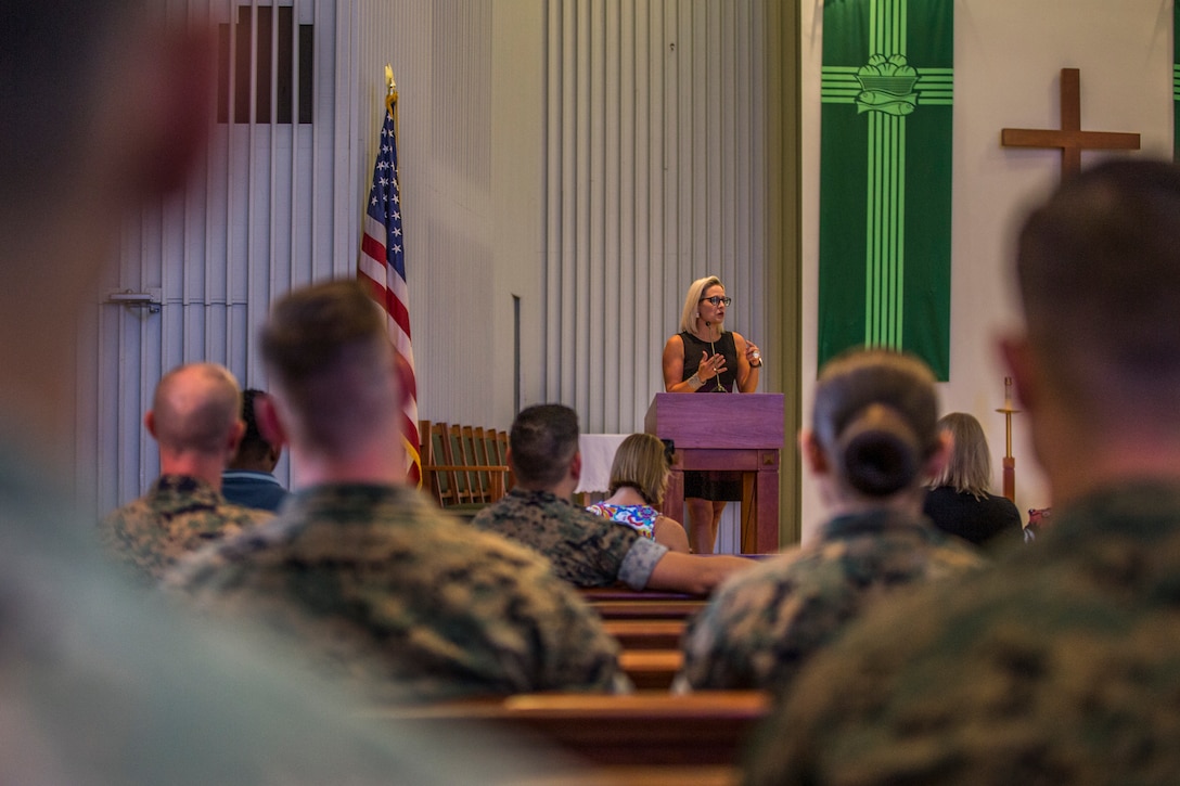 U.S. Senator from Arizona, Kyrsten Sinema, visits Marine Corps Air Station (MCAS) Yuma, Ariz., August 21, 2019. Sen. Sinema met with the MCAS Yuma Commanding Officer, Col. David A. Suggs, and Sergeant Major, Sgt. Maj. David M. Leikwold, and the I Marine Expeditionary Force (MEF) Sgt. Maj., Sgt. Maj. James K. Porterfield. Sen. Sinema toured MCAS Yuma and spoke at a town hall meeting hosted by the air station at the station chapel. The town hall gave service members and civilians who work on the installation an opportunity to discuss topics that are important to them. (U.S. Marine Corps photo by Cpl. Sabrina Candiaflores)