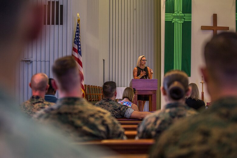 U.S. Senator from Arizona, Kyrsten Sinema, visits Marine Corps Air Station (MCAS) Yuma, Ariz., August 21, 2019. Sen. Sinema met with the MCAS Yuma Commanding Officer, Col. David A. Suggs, and Sergeant Major, Sgt. Maj. David M. Leikwold, and the I Marine Expeditionary Force (MEF) Sgt. Maj., Sgt. Maj. James K. Porterfield. Sen. Sinema toured MCAS Yuma and spoke at a town hall meeting hosted by the air station at the station chapel. The town hall gave service members and civilians who work on the installation an opportunity to discuss topics that are important to them. (U.S. Marine Corps photo by Cpl. Sabrina Candiaflores)