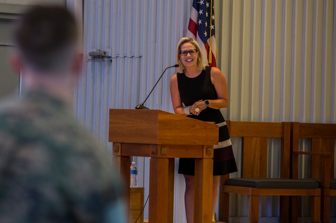 U.S. Senator from Arizona, Kyrsten Sinema, visits Marine Corps Air Station (MCAS) Yuma, Ariz., August 21, 2019. Sen. Sinema met with the MCAS Yuma Commanding Officer, Col. David A. Suggs, and Sergeant Major, Sgt. Maj. David M. Leikwold, and the I Marine Expeditionary Force (MEF) Sgt. Maj., Sgt. Maj. James K. Porterfield. Sen. Sinema toured MCAS Yuma and spoke at a town hall meeting hosted by the air station at the station chapel. The town hall gave service members and civilians who work on the installation an opportunity to discuss topics that are important to them. (U.S. Marine Corps photo by Cpl. Sabrina Candiaflores)