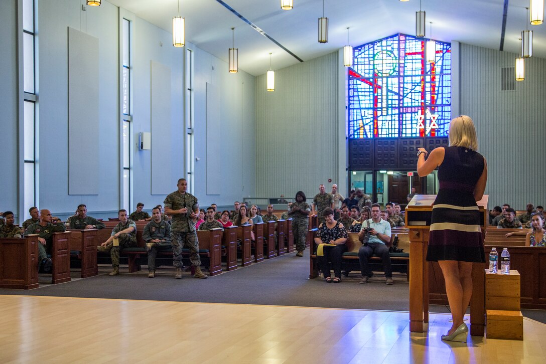 U.S. Senator from Arizona, Kyrsten Sinema, visits Marine Corps Air Station (MCAS) Yuma, Ariz., August 21, 2019. Sen. Sinema met with the MCAS Yuma Commanding Officer, Col. David A. Suggs, and Sergeant Major, Sgt. Maj. David M. Leikwold, and the I Marine Expeditionary Force (MEF) Sgt. Maj., Sgt. Maj. James K. Porterfield. Sen. Sinema toured MCAS Yuma and spoke at a town hall meeting hosted by the air station at the station chapel. The town hall gave service members and civilians who work on the installation an opportunity to discuss topics that are important to them. (U.S. Marine Corps photo by Cpl. Sabrina Candiaflores)