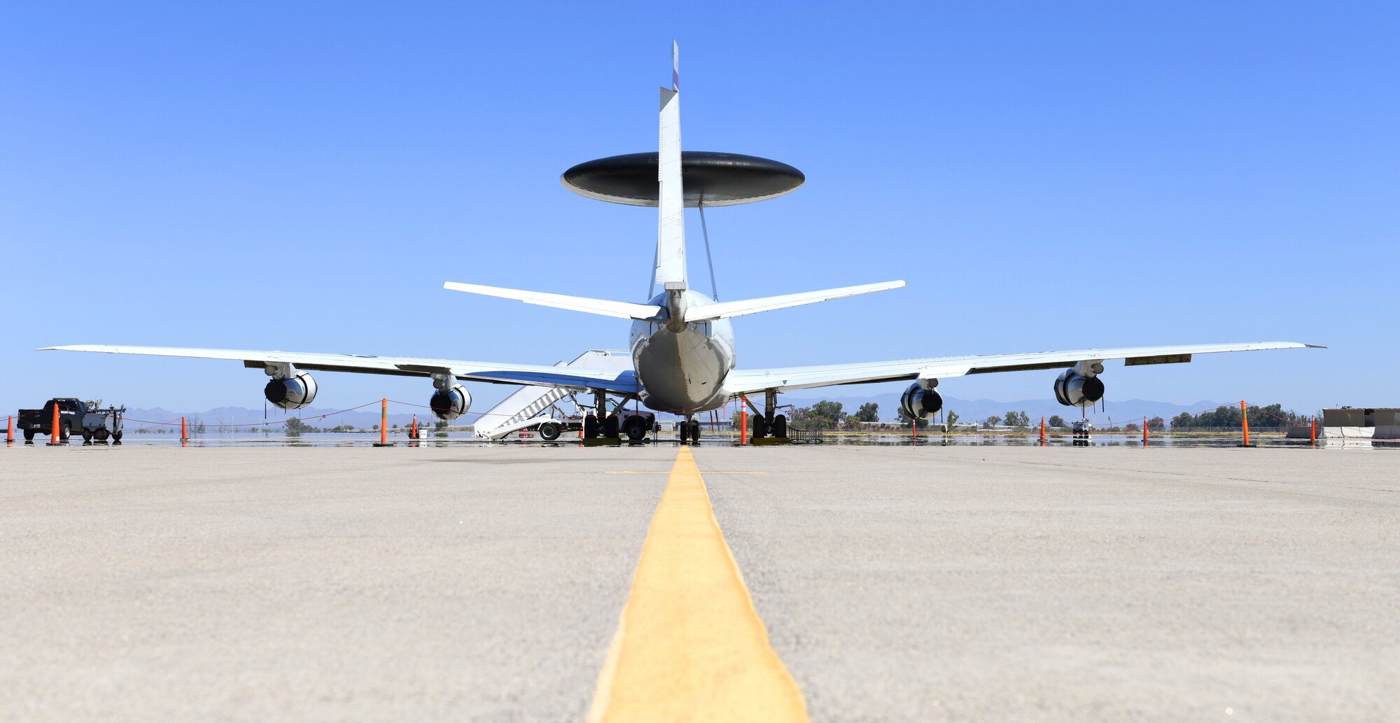 An E-3 Sentry Airborne Warning and Control System aircraft assigned to Tinker Air Force Base, Okla., sits on the transient ramp Aug. 19, 2019, at Luke AFB, Ariz.