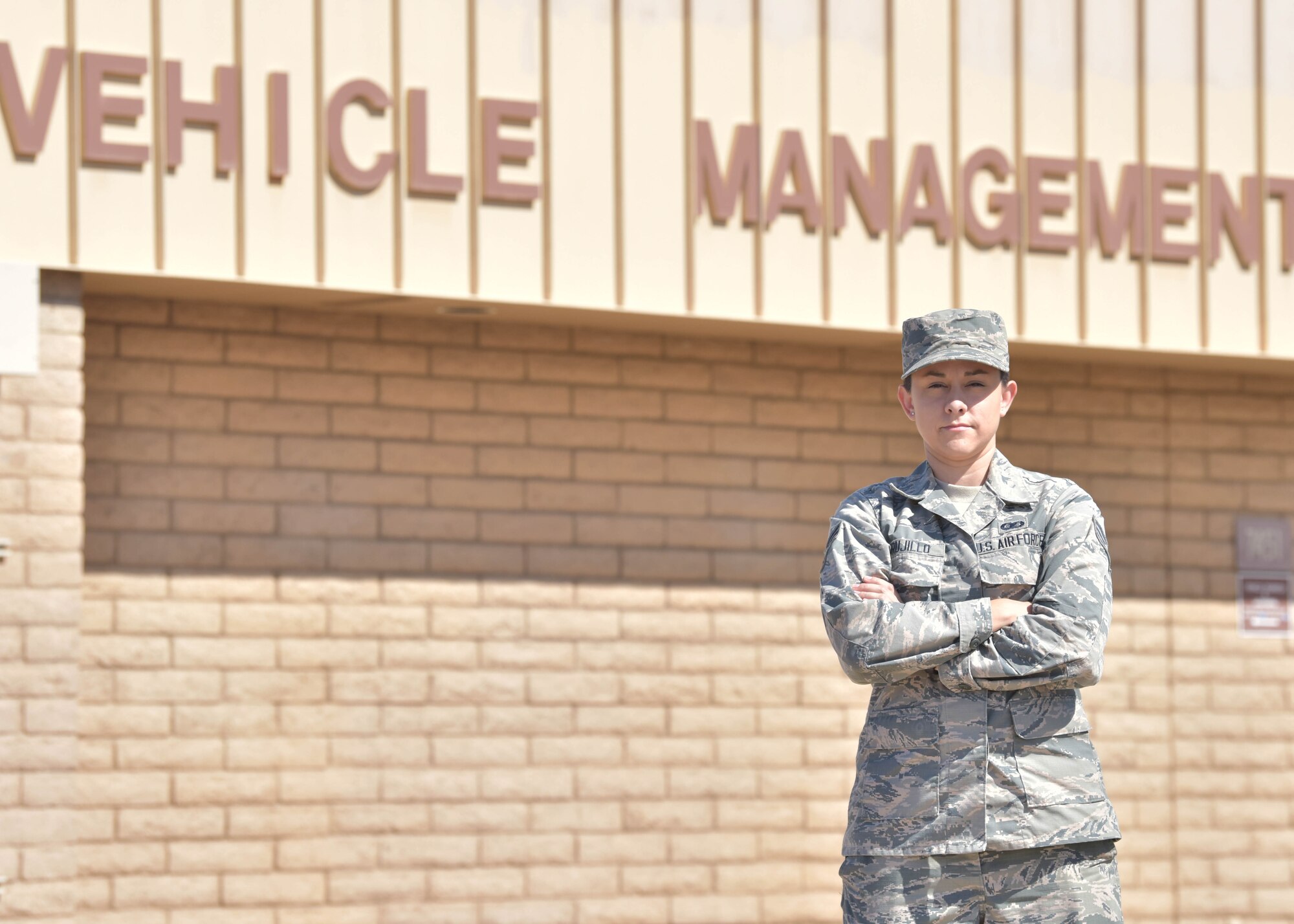 Senior Airman Gina Trujillo, 944th Logistics Readiness Squadron administration helper, poses for a photo August 4 during a unit training assembly at Luke Air Force Base, Ariz. (U.S. Air Force photo by Tech. Sgt. Louis Vega Jr.)