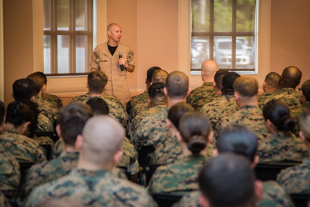 U.S. Navy Fleet Command Master Chief Rick O’Rawe spoke with a group of Sailors at Camp Lejeune, N.C., Aug. 19, 2019. O’Rawe spoke to Sailors about the upcoming changes the Navy is making. (U.S. Marine Corps photo by Lance Cpl. Samuel Lyden)