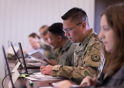Texas Army National Guard Sgt. Michael Russel analyzes network traffic during a Cyber Shield 19 training week class at Camp Atterbury, Ind. April 7, 2019. As the nation’s largest unclassified cyber defense training exercise, Cyber Shield provides participants with training on industry network infrastructure and cyber protection best practices.