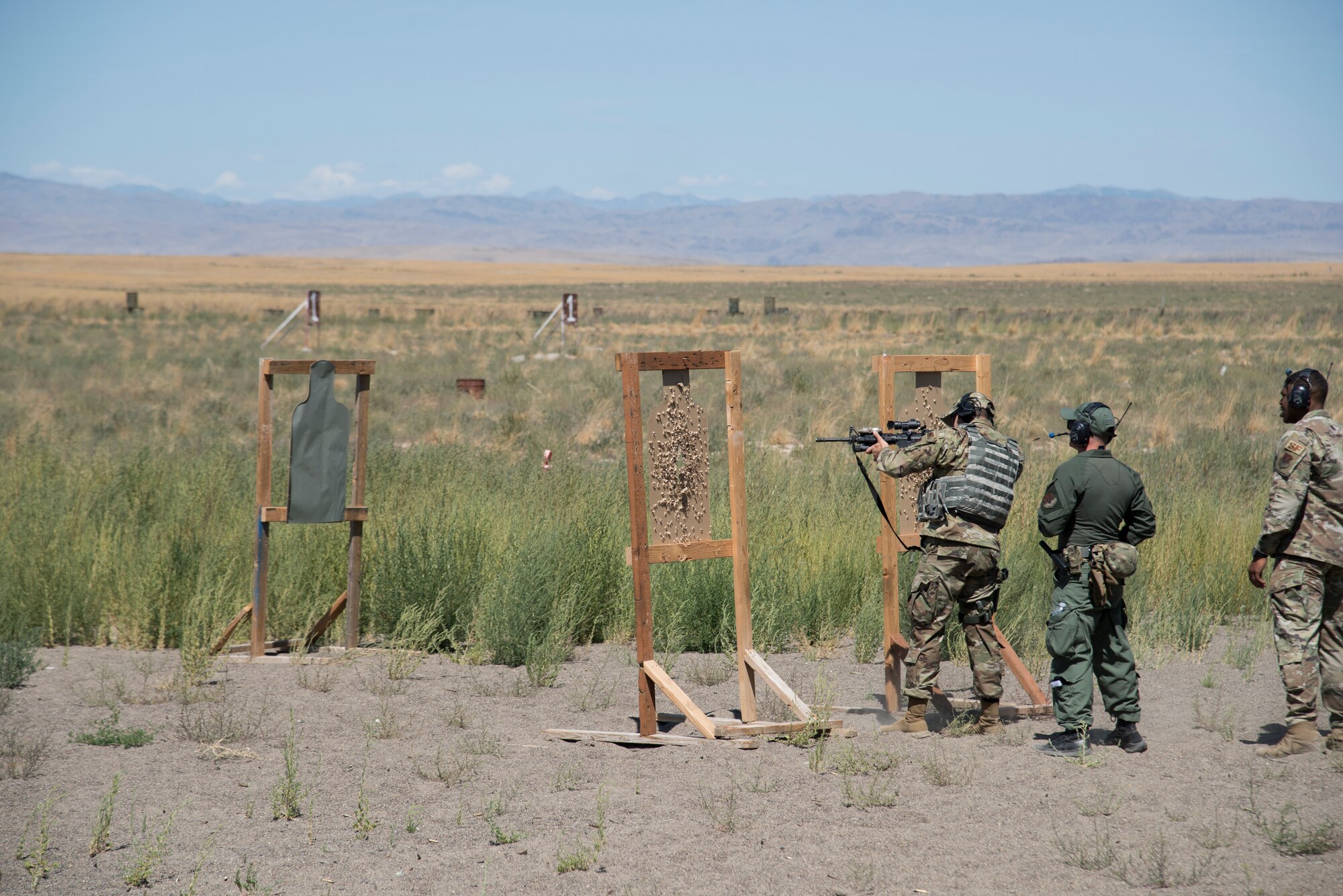 U.S. Air Force SrA Dillon Dapprich, 366th Security Forces Squadron response force leader, shoots at a target August 16, 2019, at the off-base small arms rage near Mountain Home Air Force Base, Idaho. Assembling the M4A1 carbine, along with tactile firing, are required to be accepted onto the EST team. (U.S. Air Force photo by Airman Natalie Rubenak)
