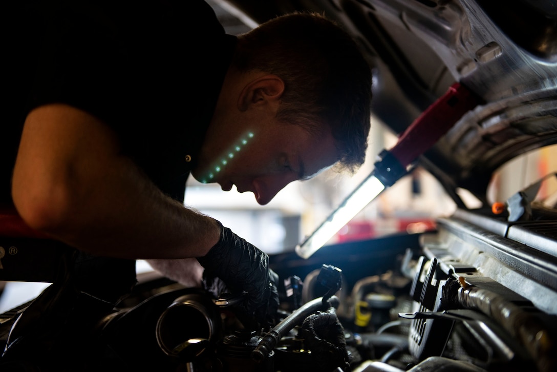 Senior Airman Jack Anderson, 23d Logistics Readiness Squadron mission generation vehicle maintenance journeyman, performs maintenance on a truck Aug. 20, 2019, at Moody Air Force Base, Ga. The multipurpose maintenance section, which support a range of missions from first response to base infrastructure, focuses on repairing vehicles not handled by the other specialty sections. (U.S. Air Force photo by Senior Airman Erick Requadt)
