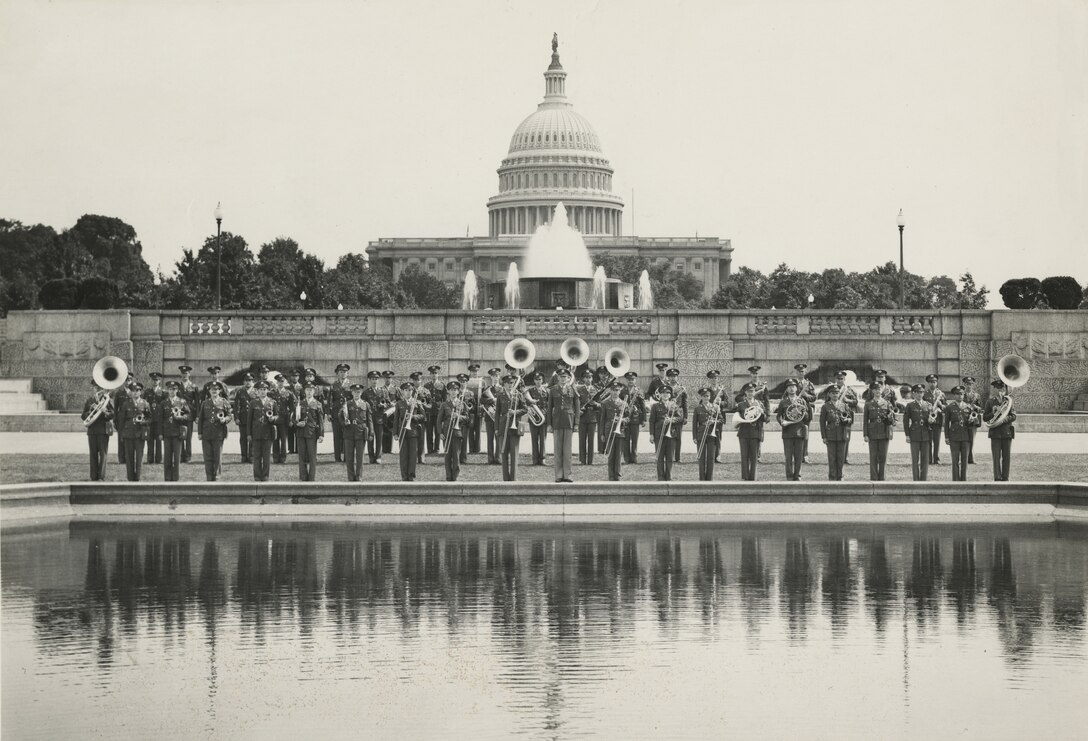 The AAF Band, at 54 members, led by Lt. Alf Heiberg, on the US Capital Grounds, Washington D.C., 1942