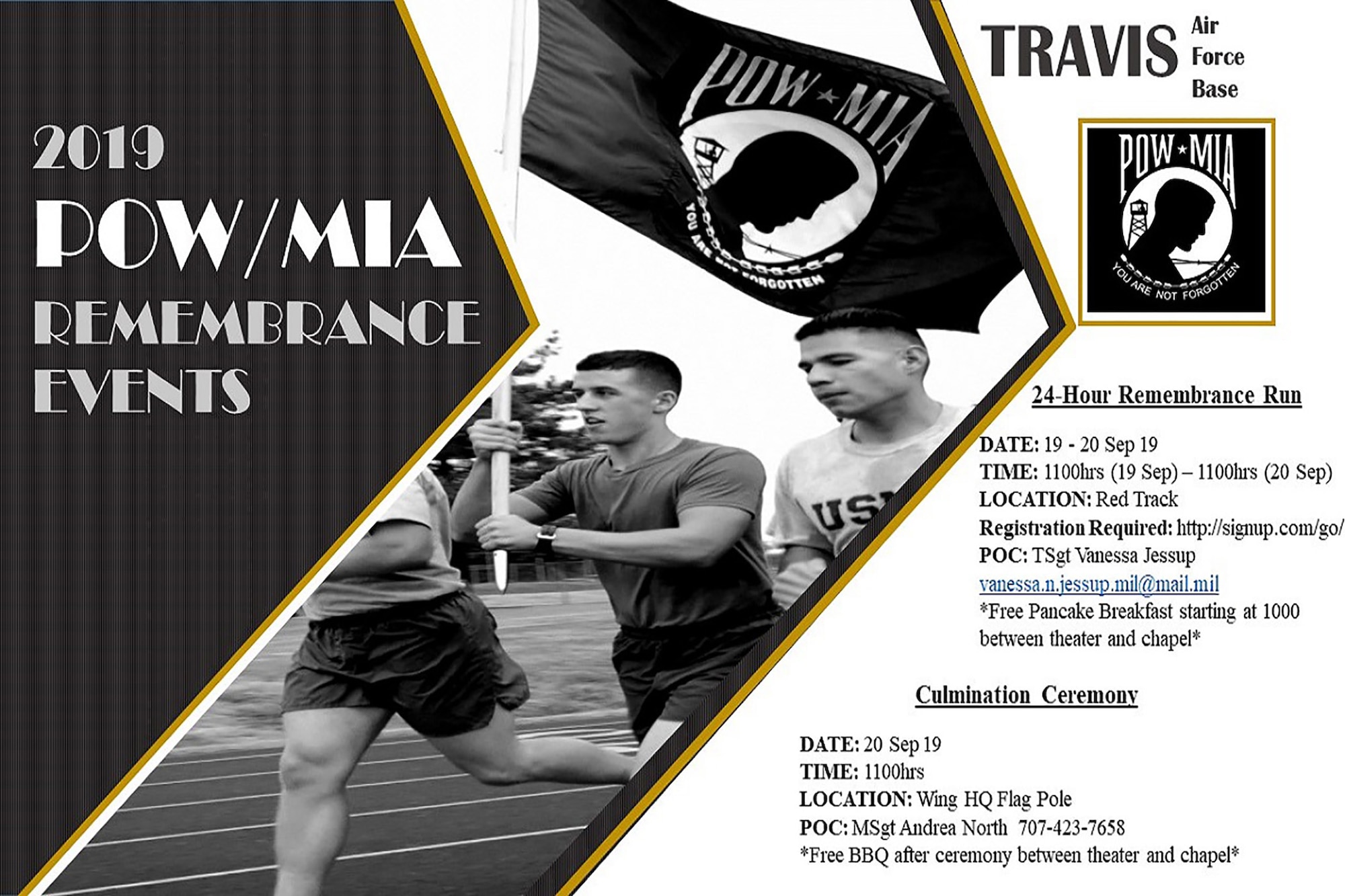 24-Hour Run: September 19-20, 11 a.m. Base Track
Culmination Ceremony: September 20, 11 a.m. Bldg. 51, 60th HQ Flag Pole.