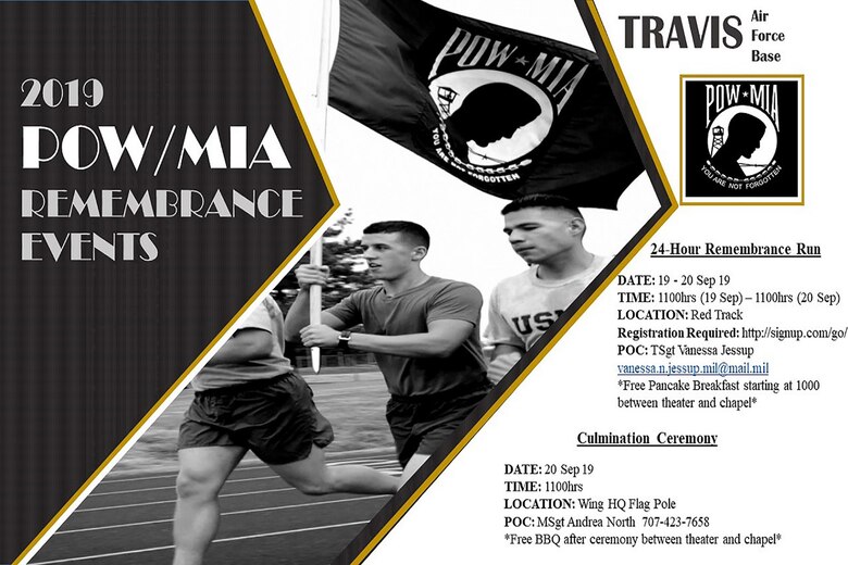 24-Hour Run: September 19-20, 11 a.m. Base Track
Culmination Ceremony: September 20, 11 a.m. Bldg. 51, 60th HQ Flag Pole.