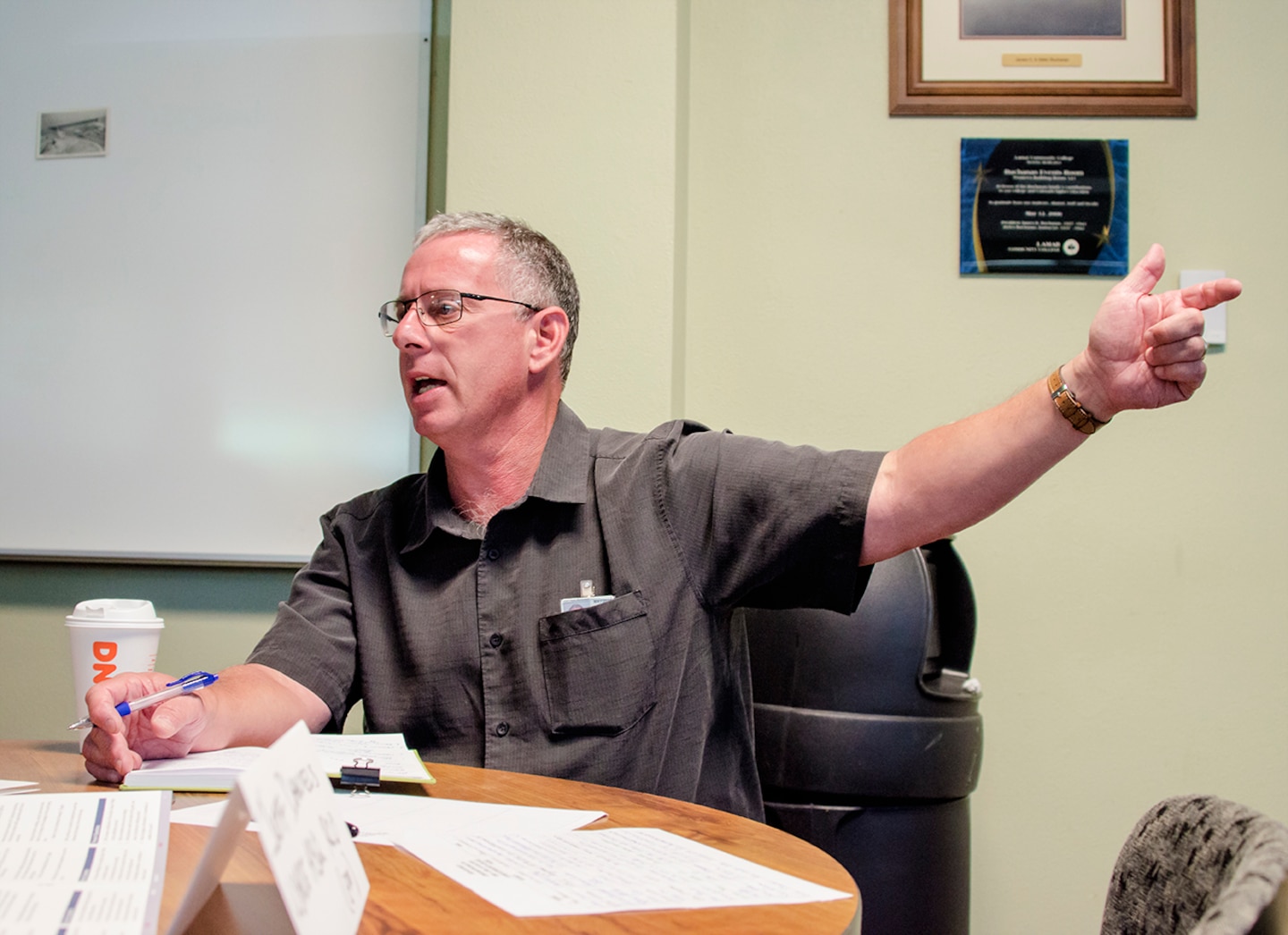 Jeff Daniels, chief, Readiness and Contingency Operations, USACE-Albuquerque District, discusses communications efforts during the exercise at Lamar Community College August 15, 2019.