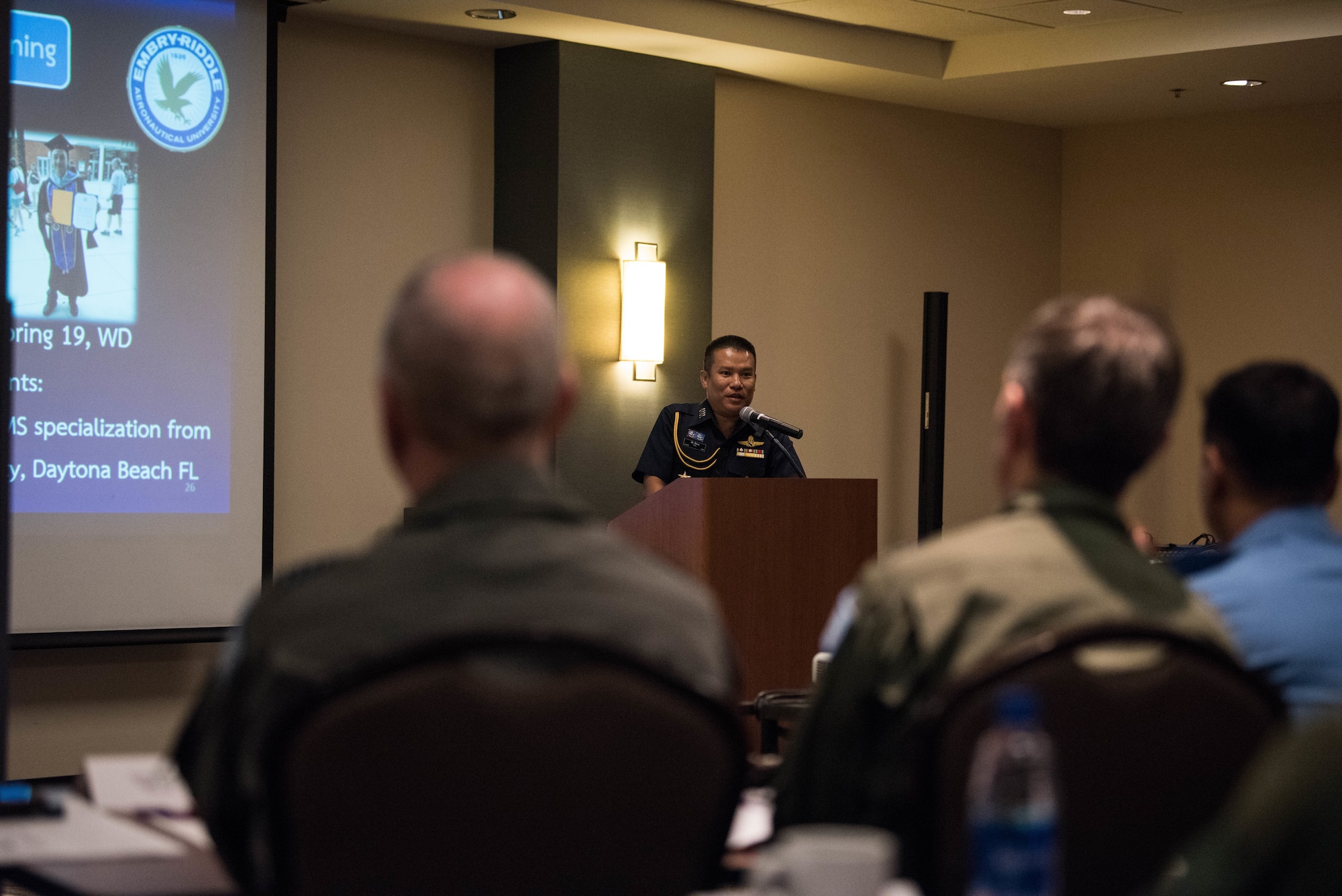 Royal Thai Air Force Group Capt. Sua Luenum, Chief of Aircraft Accident Investigation of RTAF, gives a presentation during the annual Indo-Pacific Safety Air Forces Exchange in Waikiki, Hawaii, Aug. 20, 2019.