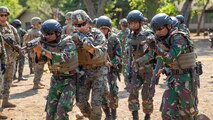 U.S. Marines with Alpha Company, 1st Battalion, 3rd Marine Regiment conduct MOUT training with Indonesian Marines during the Korps Marinir (KORMAR) Platoon Exchange 2019 program in Surabaya, Indonesia, August 9, 2019. The KORMAR platoon exchange program between Indonesia and the U.S. involves each country sending a platoon of Marines to live and train together at the other's military base. This program enhances the capability of both services and displays their continued commitment to share information and increase the ability to respond to crisis together. (U.S. Marine corps photo by Cpl. Eric Tso)