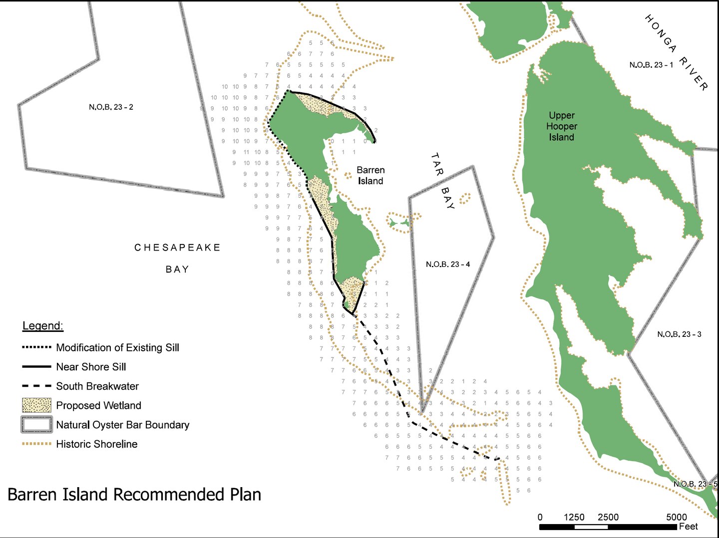 Image shows recommended plan for Barren Island as part of the larger Mid-Chesapeake Bay Island Ecosystem Restoration Project. The project is a partnership between the Corps of Engineers and the Maryland Port Administration that focuses on restoring and expanding island habitat at James and Barren islands to provide thousands of acres of wetland and terrestrial habitat for fish, shellfish, reptiles, amphibians, birds, and mammals through the beneficial use of material dredged primarily from Baltimore Harbor approach channels.