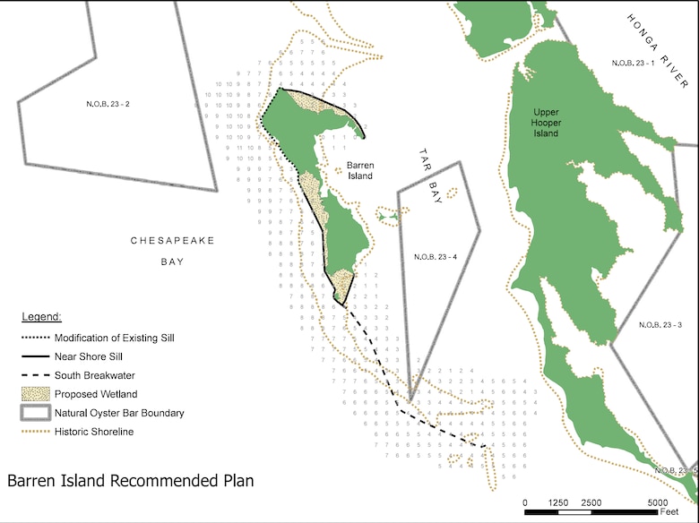 Image shows recommended plan for Barren Island as part of the larger Mid-Chesapeake Bay Island Ecosystem Restoration Project. The project is a partnership between the Corps of Engineers and the Maryland Port Administration that focuses on restoring and expanding island habitat at James and Barren islands to provide thousands of acres of wetland and terrestrial habitat for fish, shellfish, reptiles, amphibians, birds, and mammals through the beneficial use of material dredged primarily from Baltimore Harbor approach channels.