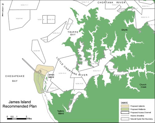 Image shows recommended plan for James Island as part of the larger Mid-Chesapeake Bay Island Ecosystem Restoration Project. The project is a partnership between the Corps of Engineers and the Maryland Port Administration that focuses on restoring and expanding island habitat at James and Barren islands to provide thousands of acres of wetland and terrestrial habitat for fish, shellfish, reptiles, amphibians, birds, and mammals through the beneficial use of material dredged primarily from Baltimore Harbor approach channels.