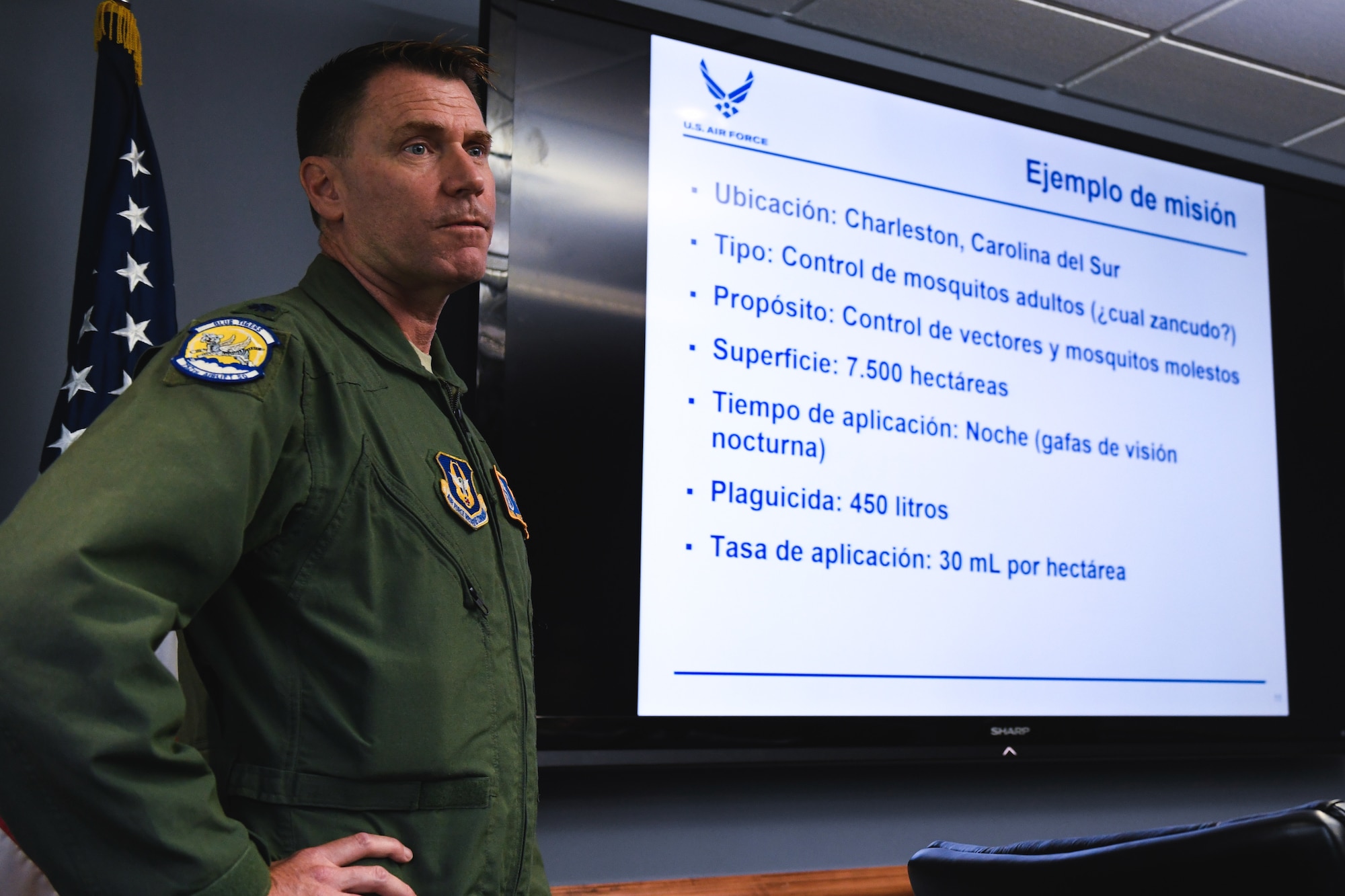 Lt. Col. Mark Breidenbaugh, chief entomologist of the 910th Airlift Wing’s aerial spray flight and international health specialist, provides information on the 910th Airlift Wing’s aerial spray mission, in Spanish, June 17, 2019, here.