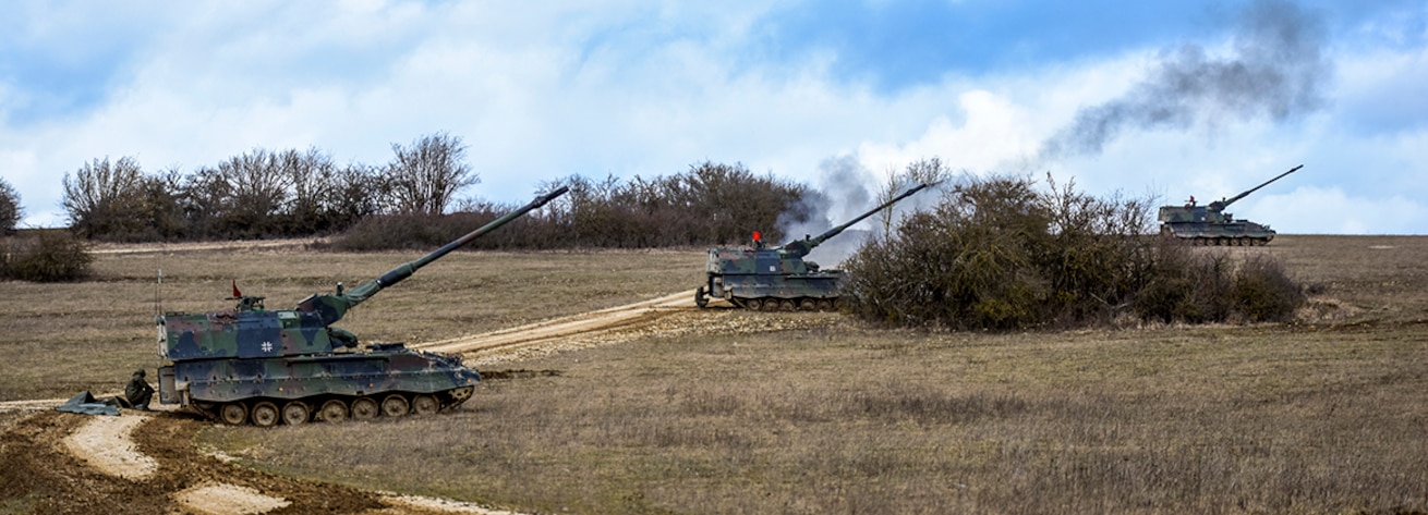 German Panzerhaubitze 2000s, 155mm self-propelled howitzers,  line up to fire into the impact area of Grafenwoehr Training Area, March 5, 2019 during exercise Dynamic Front 19.