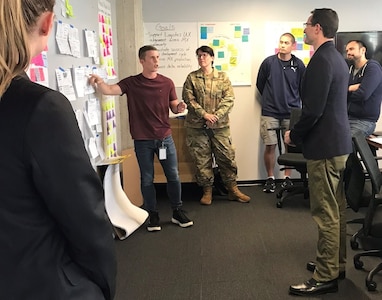 An Air Force Business Enterprise Systems Directorate coding team discusses a mobile app they are developing for the Air Force during a recent huddle in Atlanta. Business and Enterprise Systems Product Innovation based at the Maxwell Air Force Base Gunter Annex, Alabama, is teaming with the Air Force Installation and Mission Support Center Innovation Office at Joint Base San Antonio-Lackland to develop applications that will help Airmen do their jobs better and stay connected to their military community.