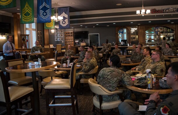 James Smith Jr., University of South Carolina (USC) executive director of military programs and strategies, speaks to 50 Team Shaw members during the second session of the Team Shaw Leadership Development Council and USC Leadership Discussion Series at Shaw Air Force Base, South Carolina, Aug. 15, 2019