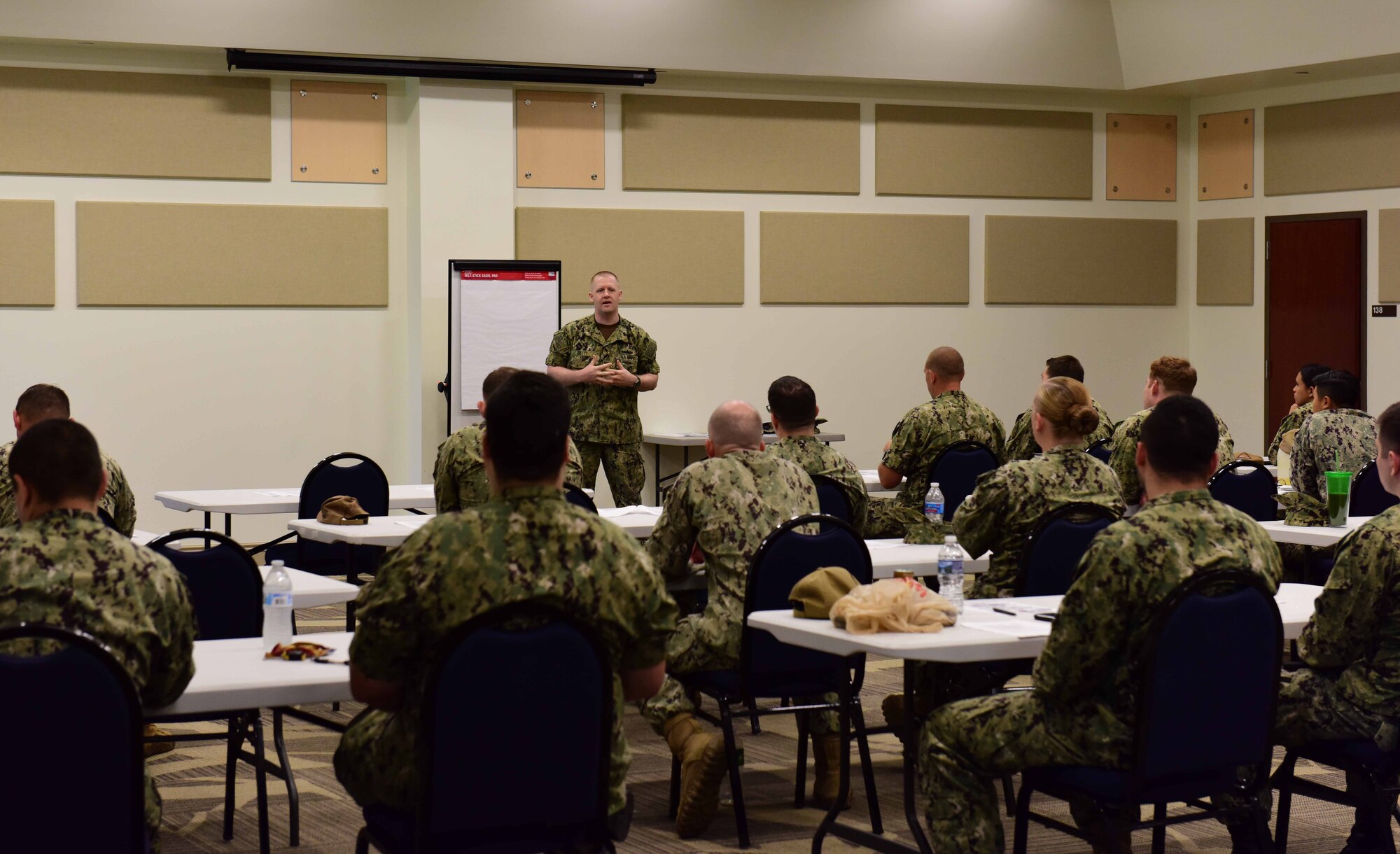 Sailors from Joint Base McGuire-Dix-Lakehurst, New Jersey attend discussions for the Garden State Petty Officer Second Class Symposium at Naval Air Engineering Station Lakehurst Flight Deck on Aug. 15, 2019. The symposium is designed to build leadership foundations for E-4’s and E-5’s in the U.S. Navy. (U.S. Air Force photo by Airman 1st Class Shay Stuart)