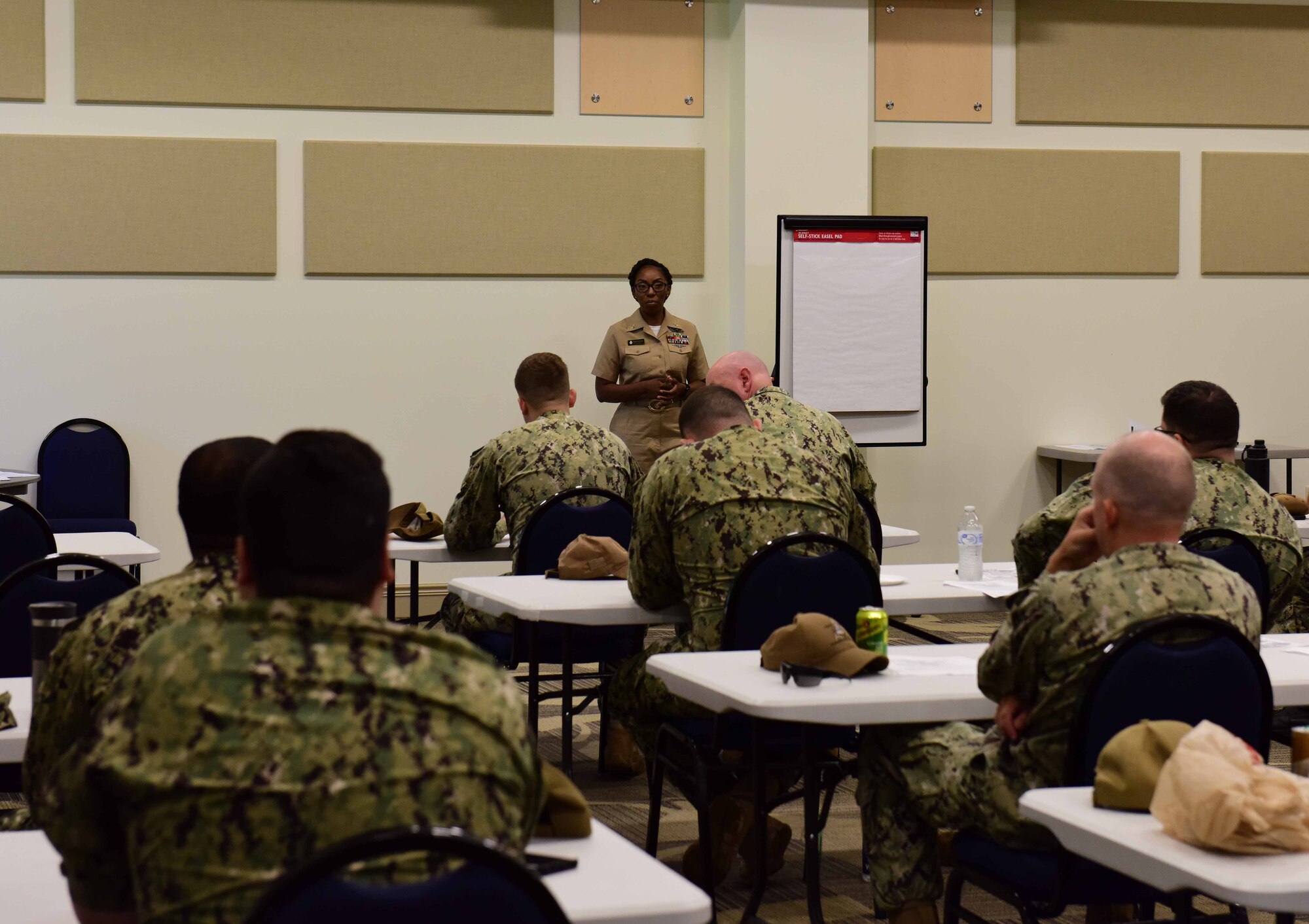 Sailors from Joint Base McGuire-Dix-Lakehurst, New Jersey attend the “Sailor 2025 Initiative” discussion at Naval Air Engineering Station Lakehurst Flight Deck on Aug. 15, 2019. This was one part of the Garden State Petty Officer Second Class Symposium designed to build leadership foundations for E-4’s and E-5’s in the U.S. Navy. (U.S. Air Force photo by Airman 1st Class Shay Stuart)