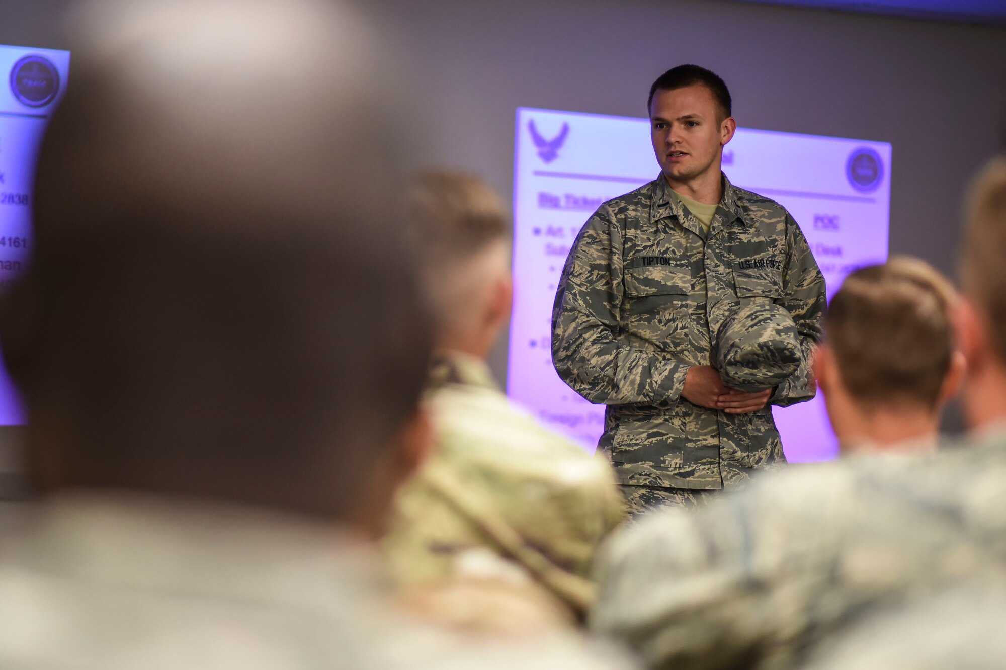 U.S. Air Force 1st Lt. Patrick Tipton, 92nd Air Refueling Wing chief of civil law, gives a legal brief to incoming Exercise Mobility Guardian 2019 participants August 16, 2019, at Fairchild Air Force Base, Washington.