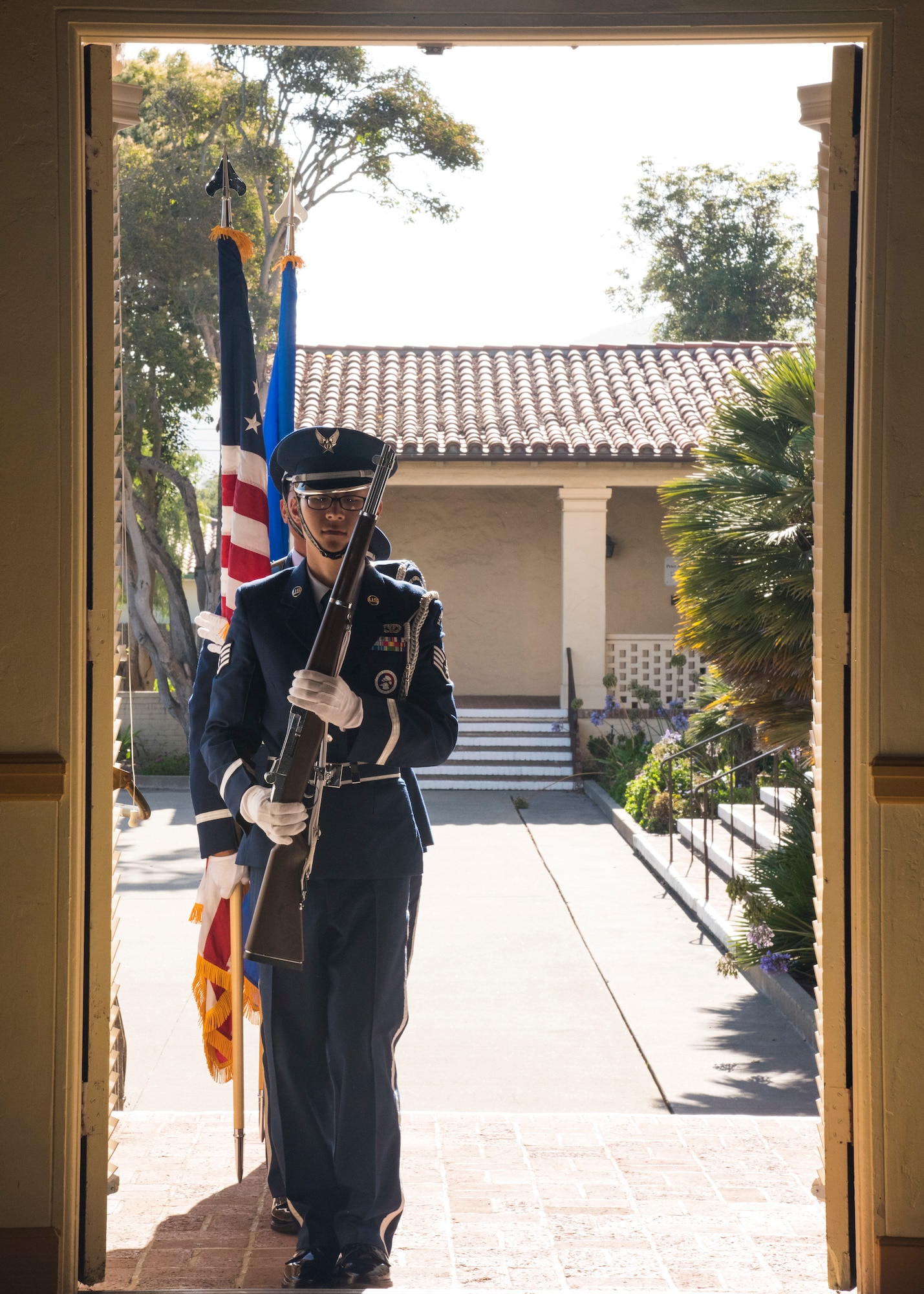 Vandenberg Air Force Base Honor Guard members prepare to present the colors during the third annual Veteran’s Breakfast hosted by Rep. Salud Carbajal Aug. 21, 2019, at Lompoc Veterans Memorial Building in Lompoc, Calif. Carbajal hosts the breakfast to honor service members and to inform them how he plans to better their quality of life. (U.S. Air Force photo by Airman 1st Class Aubree Milks)