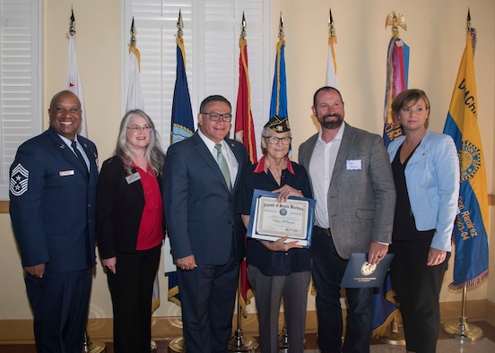 Local leaders present Kathleen McCullough, Korean War veteran, with a certificate of appreciation during the third annual Veteran’s Breakfast hosted by Rep. Salud Carbajal August 21, 2019 at Lompoc Veterans Memorial Building in Lompoc, Calif. McCullough was recognized for her honorable military service and tireless efforts in support of the United States Armed Forces. (U.S. Air Force photo by Airman 1st Class Aubree Milks)