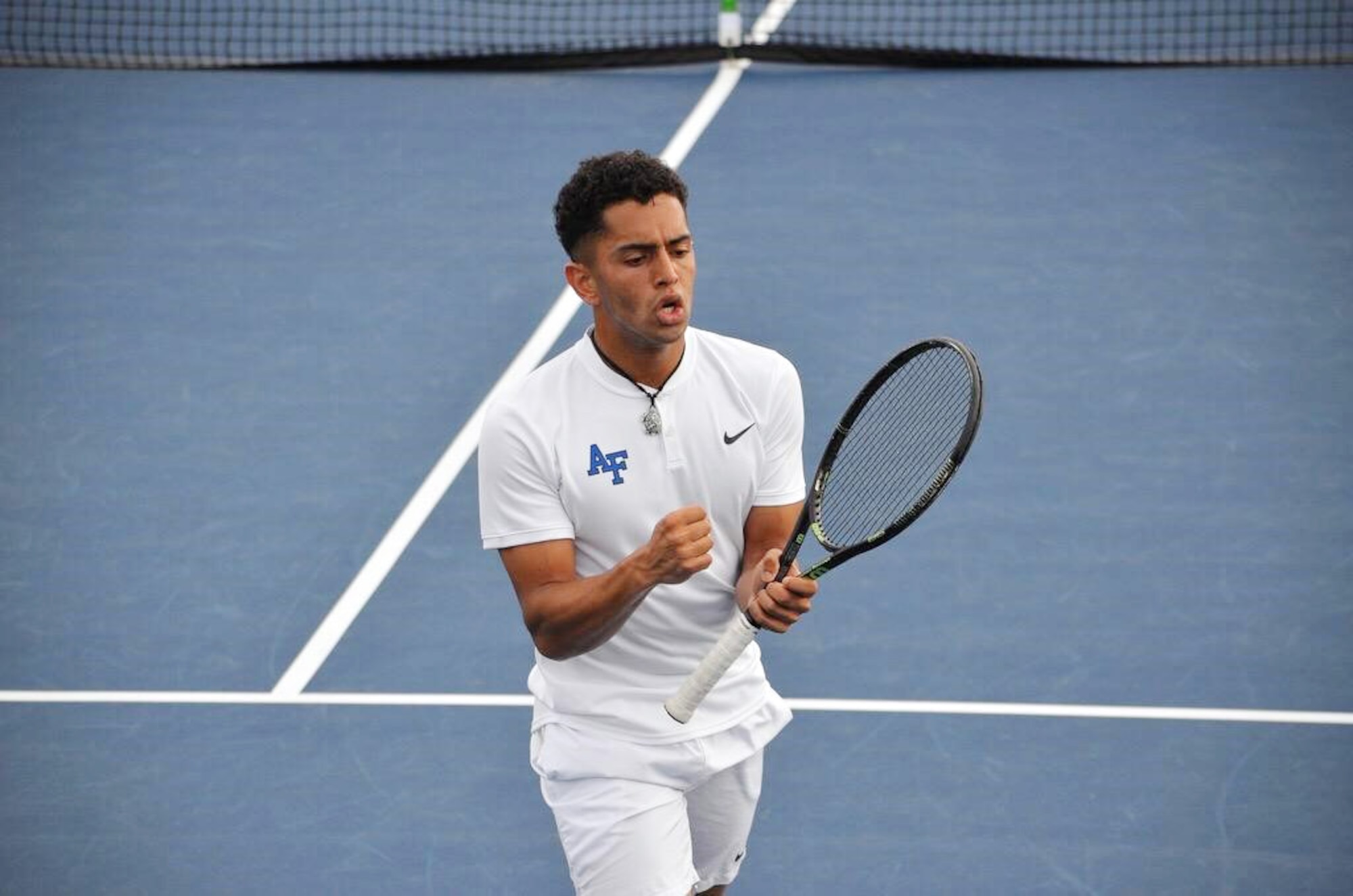 U.S. Air Force 2nd Lt. Isaac Perez celebrates the end of a match in this undated photo while a member of the United States Air Force Academy men’s tennis team. Perez, who will begin pilot training in early 2020, has been named a 2019 recipient of the Intercollegiate Tennis Association’s national Arthur Ashe Jr. Leadership and Sportsmanship award. (U.S. Air Force courtesy photo)