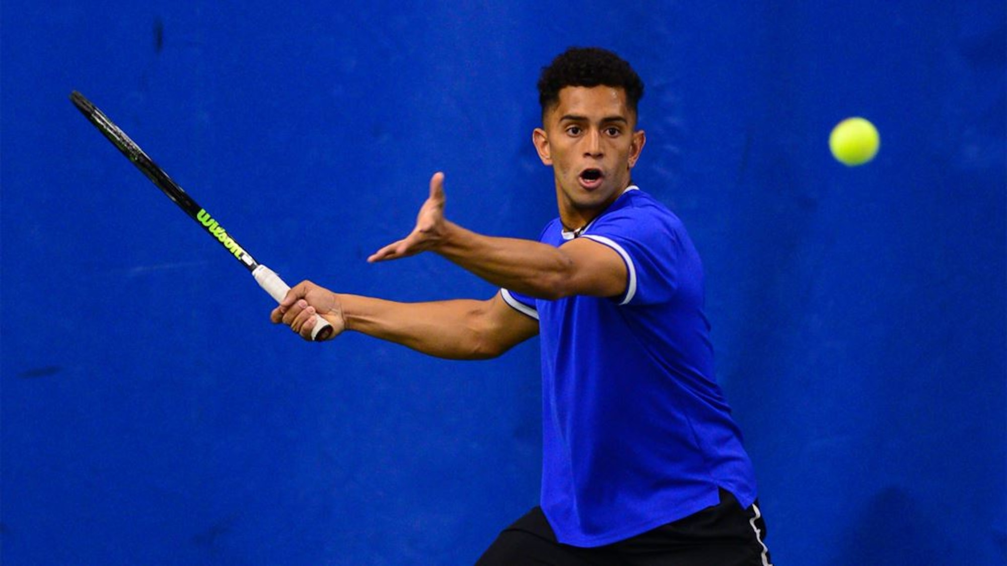 U.S. Air Force 2nd Lt. Isaac Perez prepares to return a serve during a match in this undated photo while a member of the United States Air Force Academy men’s tennis team. Perez, who will begin pilot training in early 2020, has been named a 2019 recipient of the Intercollegiate Tennis Association’s national Arthur Ashe Jr. Leadership and Sportsmanship award. (U.S. Air Force courtesy photo)