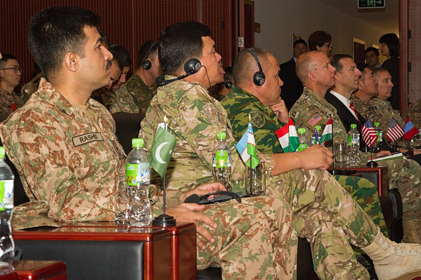United States service members and coalition partners from Mongolia, Pakistan, Tajikistan, and Uzbekistan, listen to a scenario brief on the first day of Exercise Regional Cooperation 2019 at Dushanbe, Tajikistan, August 5, 2019. Exercise Regional Cooperation promotes cooperation and interoperability among participating nations to foster security and stability in the Central and South Asian states. The U.S. and Central and South Asian nations have been involved in the annual Regional Cooperation exercise since 2001.