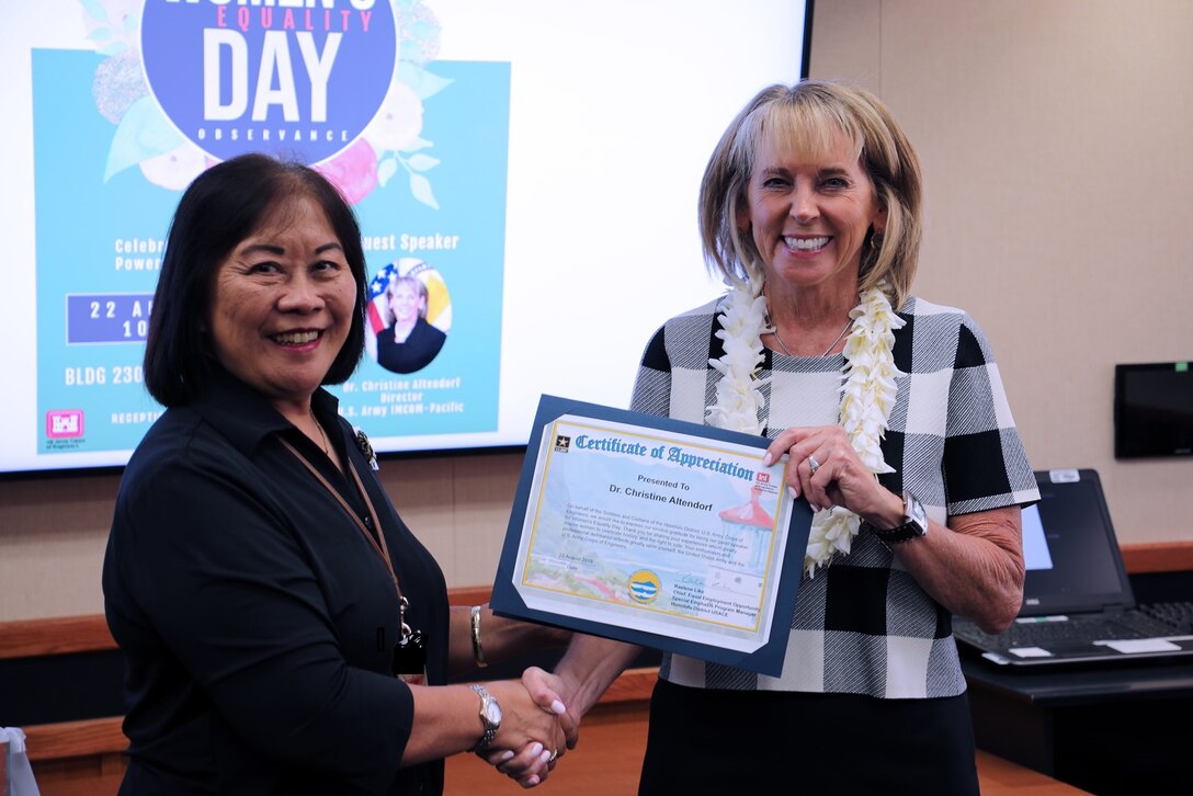 Honolulu District Special Emphasis Program Women’s Equality Event was honored to have Dr. Christine Altendorf Director of Pacific Region, U.S. Army Installation Management Command as a special guest speaker.