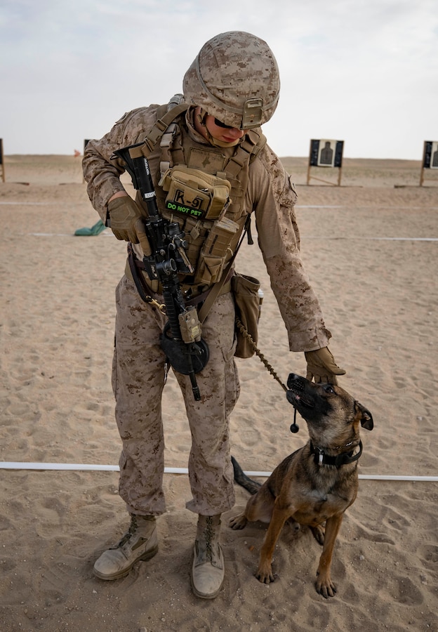 CAMP BEUHRING, Kuwait (April 16, 2019) – U.S. Marine Cpl. Colin Watson, a military working dog handler with the 22nd Marine Expeditionary Unit, works on tactical obedience with his canine Robby as part of a range during Marine Expeditionary Unit Exercise. Marines and Sailors from the 22nd MEU’s Command Element and Combat Logistics Battalion 22 qualified for Combat Marksmanship Program tables 3 and 4 in order to maintain combat readiness. Marines and Sailors with the 22nd MEU and Kearsarge Amphibious Ready Group are currently deployed to the U.S. 5th Fleet area of operations in support of naval operations to ensure maritime stability and security in the Central region, connecting the Mediterranean and the Pacific through the western Indian Ocean and three strategic choke points. (U.S. Marine Corps photo by Sgt. Aaron Henson/Released)